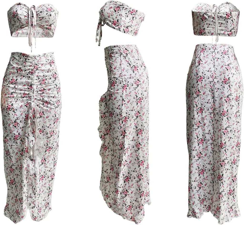 QZOOK 2 Piece Outfits for Women Skirt Sets Summer Two Piece Boho Floral Print Beach Maxi Dress Sexy Crop Tube Top Jumpsuit White L