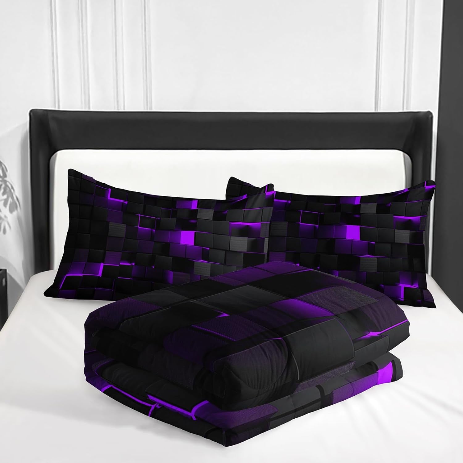 Nttopship Neon Purple Black Comforter Set Queen Geometric Kids Bedding Set,3 PCS Geometry Honeycomb Bed Set Modern Quilt Set 1 Comforter 2 Pillow Cases Cool Room Decor All Season B-Side Black