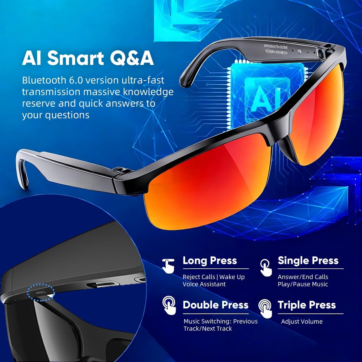 Al Smart Glasses for Men Women, Bluetooth Translation Glasses with 164+ Languages, UV400 Sunglasses, Bluetooth 5.4 Glasses W/Music & Hands-Free Calling, for Outdoor Sports & Travel