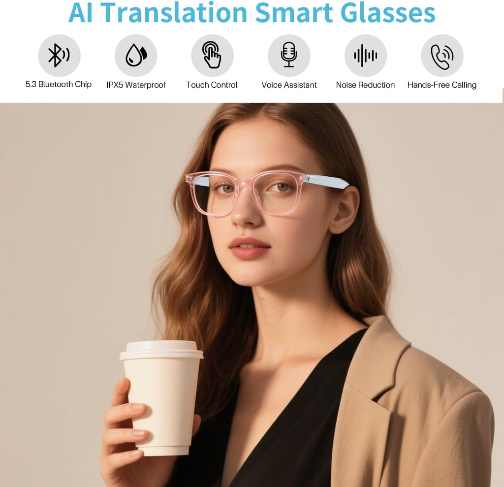 AI Smart Glasses for Women, Support 160+ Languages Real-Time Translation/ Live Recording/ AI Call Bluetooth Translator, Video & Voice Call, Powered by GPT, Translation Glasses for Work, Travel & Study