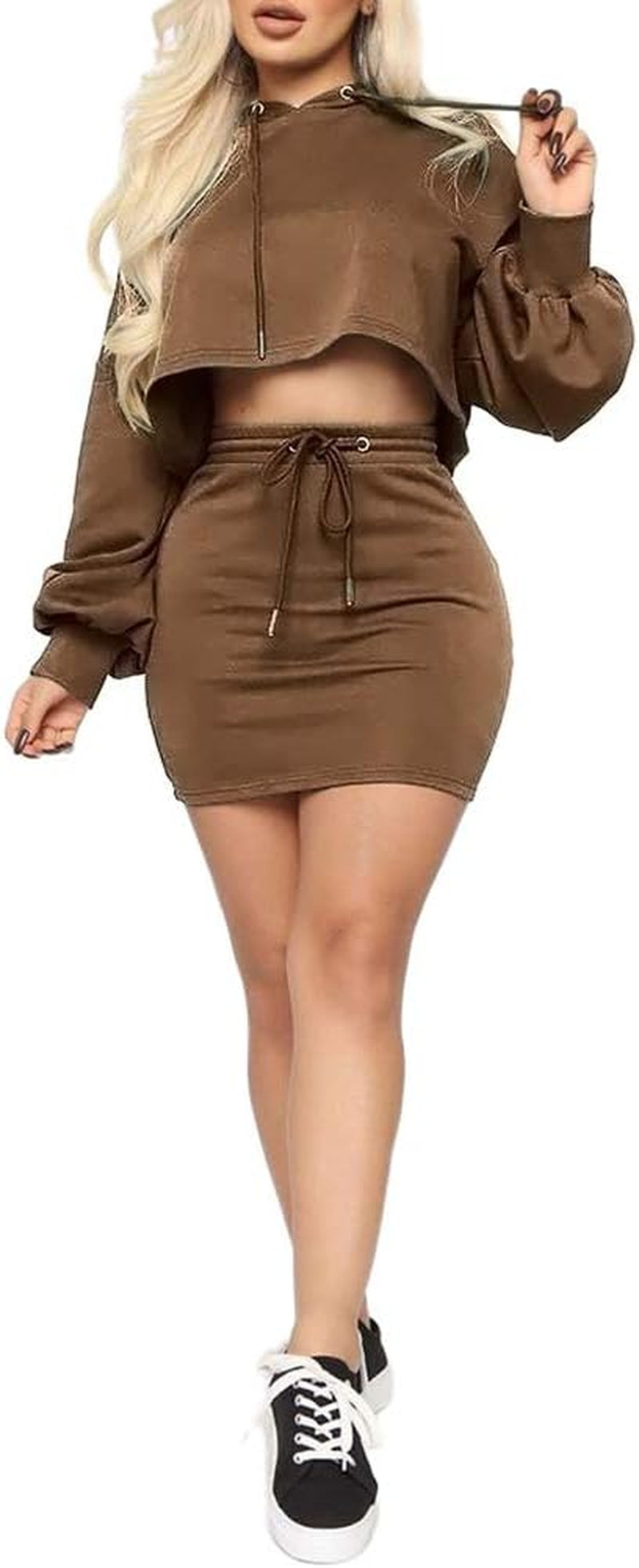 Remelon Women Sweatshirt 2 Piece Outfits Mini Dress Hoodie Tunic Long Sleeve Crop Top Skirt Set Coffee XL