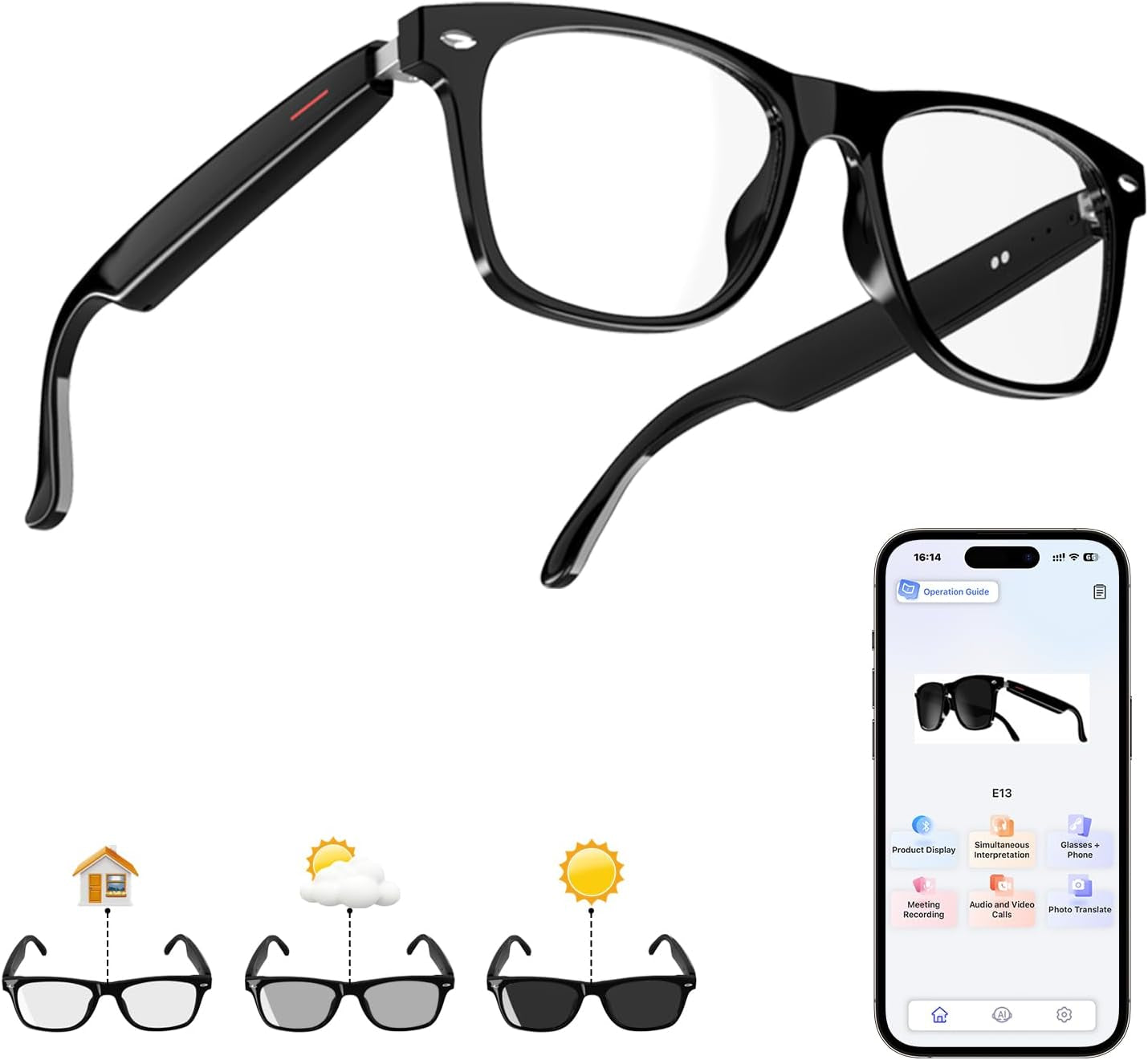AI Translation Smart Glasses with Chat GPT for Men and Women, Bluetooth Sunglasses with Translator 164 Languages and Color-Change Lens, Music Playback & Hands-Free Calls, UV & Blue Light Protection