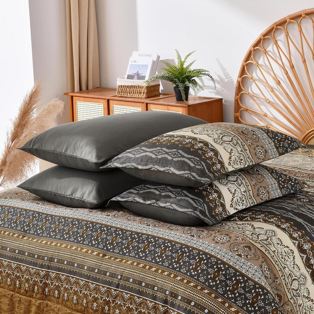 Cottolester Boho Queen Comforter Set 8 Pieces,Brown Black Bohemian Comforter Paisley Striped Bed in a Bag,Soft Microfiber Bedding Set for All Season