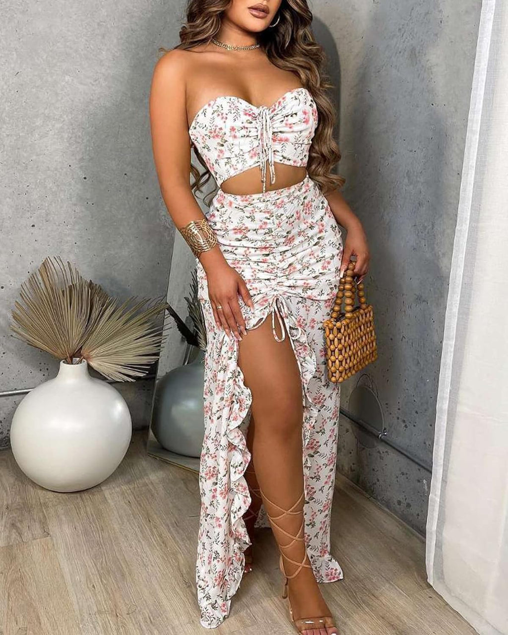 QZOOK 2 Piece Outfits for Women Skirt Sets Summer Two Piece Boho Floral Print Beach Maxi Dress Sexy Crop Tube Top Jumpsuit White L