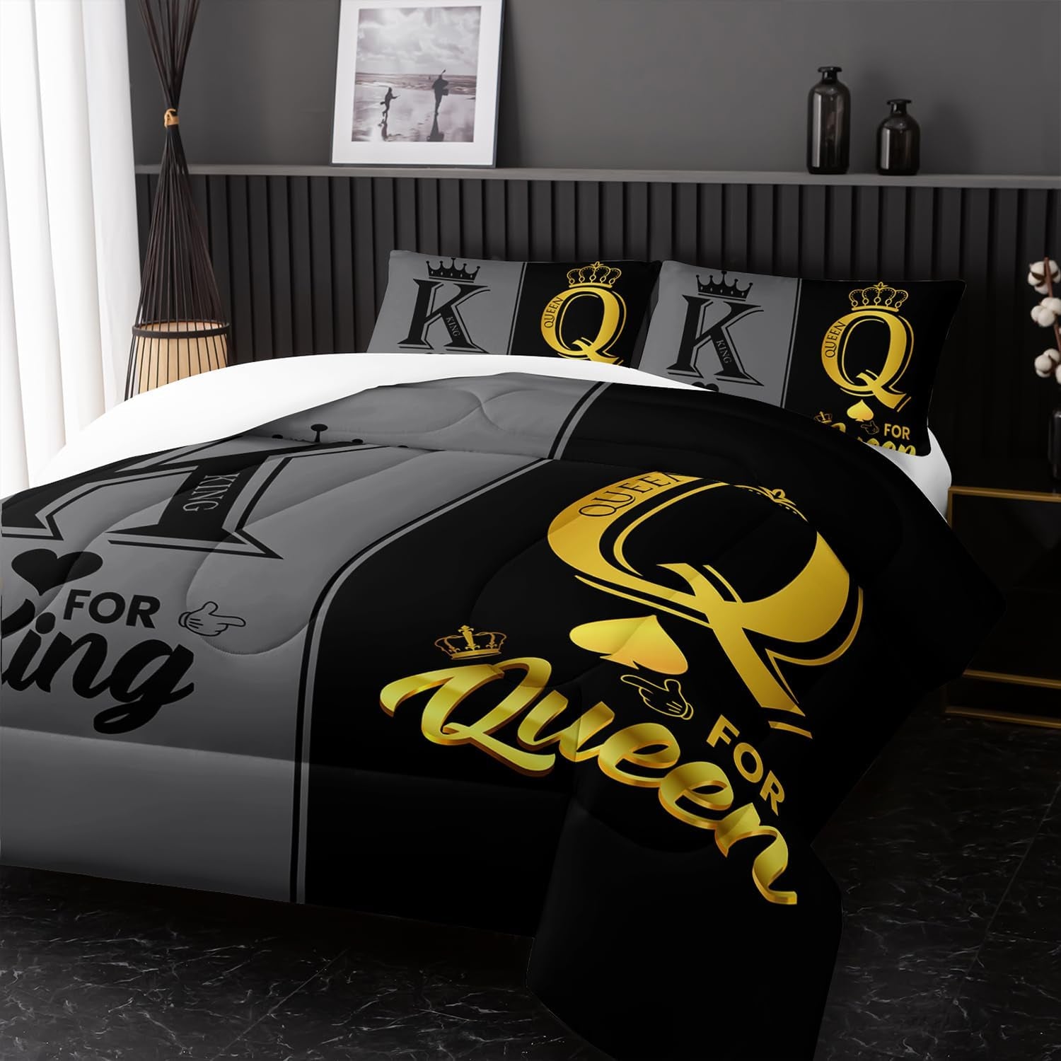 Nttopship King and Queen Crown Comforter Set Black and Gray Couple Bedding Set，3Pcs Mr Mrs Comforter Set for Adults Couple Men Women,His and Hers Quilt Set 2 Pillowcases Bedroom Decor King