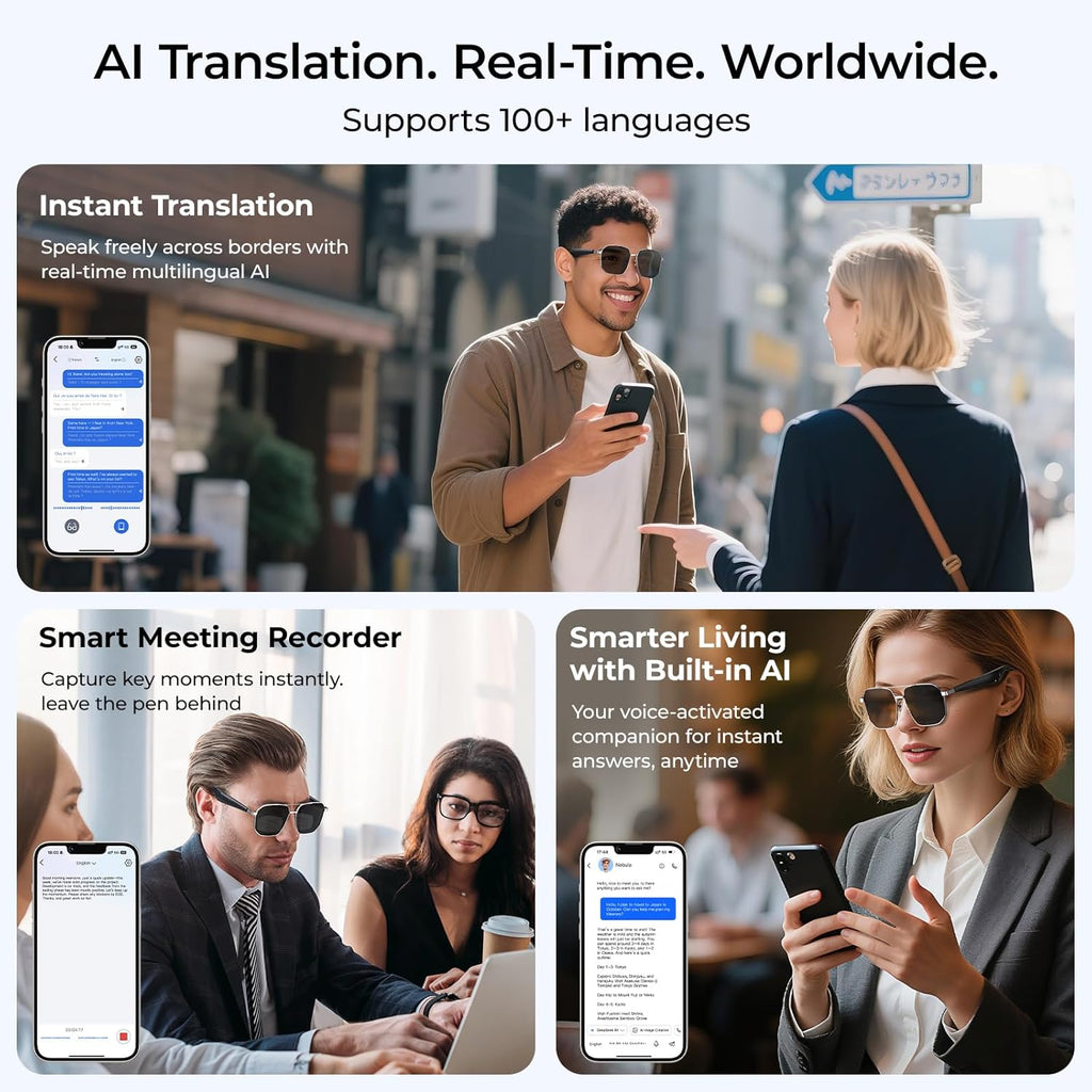 Smart AI Glasses with 100+ Language Translation, Bluetooth 5.4 Glasses with Chat GPT, Blue Light Filtering Lenses with Lightweight Metal Frame Sunglasses, Smart Glasses for Men Women Travel Business