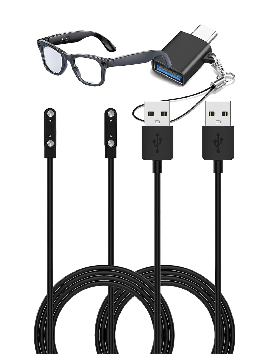 For Mingtawn W610 AI Smart Glasses Charger Cable, Magnetic USB a Fast Charging Cord with USB C Adapter (2 X Cable + 1 X Adapter)