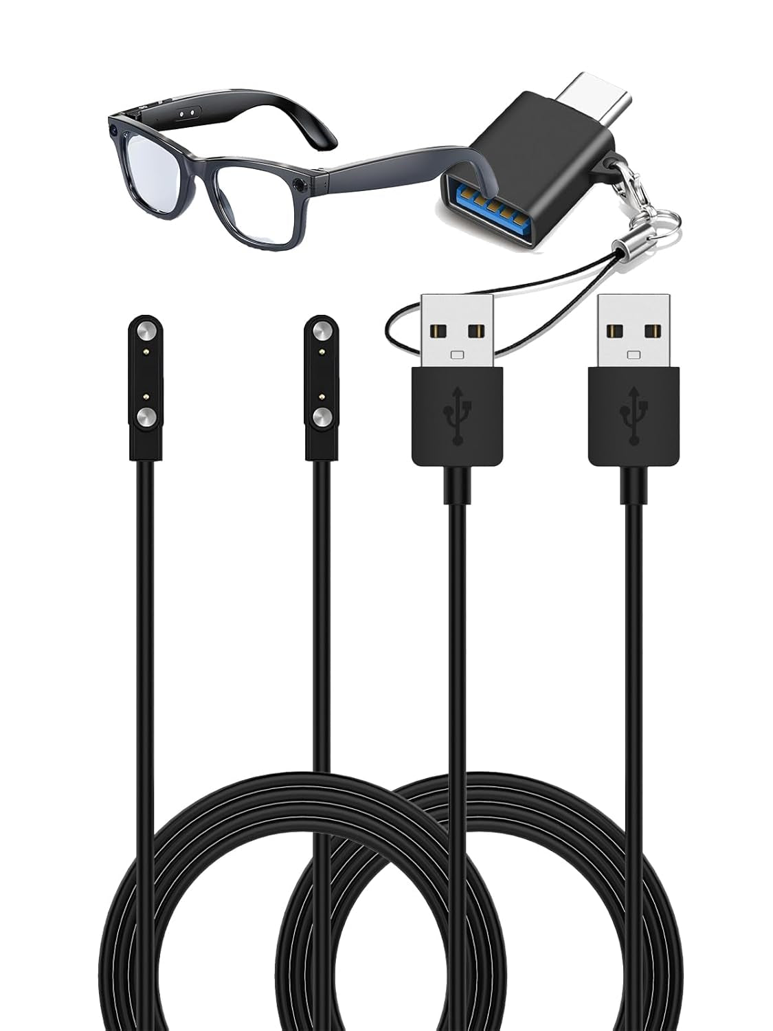 For Mingtawn W610 AI Smart Glasses Charger Cable, Magnetic USB a Fast Charging Cord with USB C Adapter (2 X Cable + 1 X Adapter)