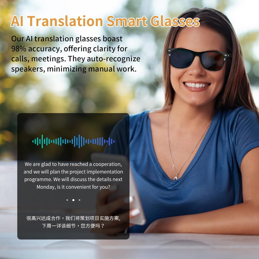 AI Smart Glasses for Men Women, Real-Time Translation Glasses with Chatgpt, Wireless Bluetooth 5.3, UV Protection Polarized Smart Sunglasses with 160+ Languages, Ideal for Travel Study & Business