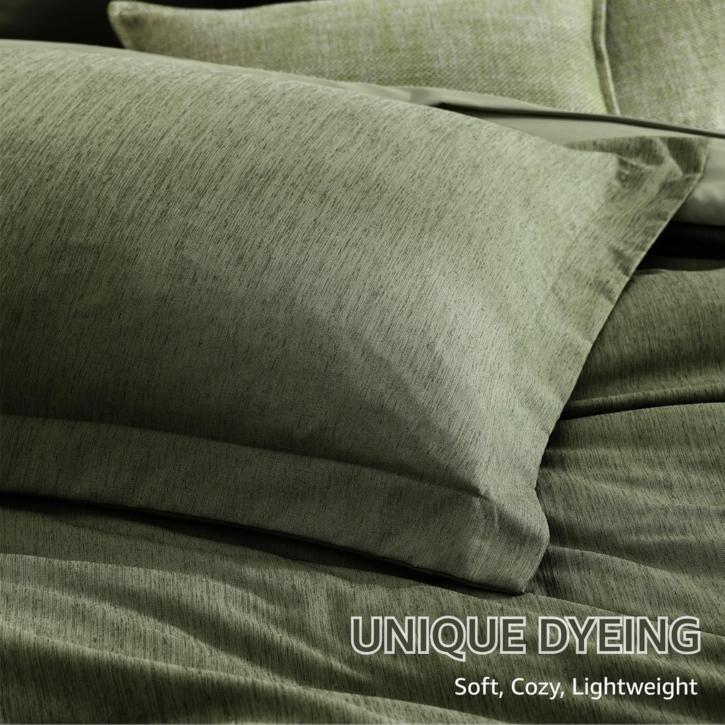 Monbix Queen Comforter Set - 7 Pieces Cationic Dyeing Olive Green Bed in a Bag Queen Bedding Sets with Comforter, Sheets, Pillowcases & Shams, Reversible Bedding Comforters Sets