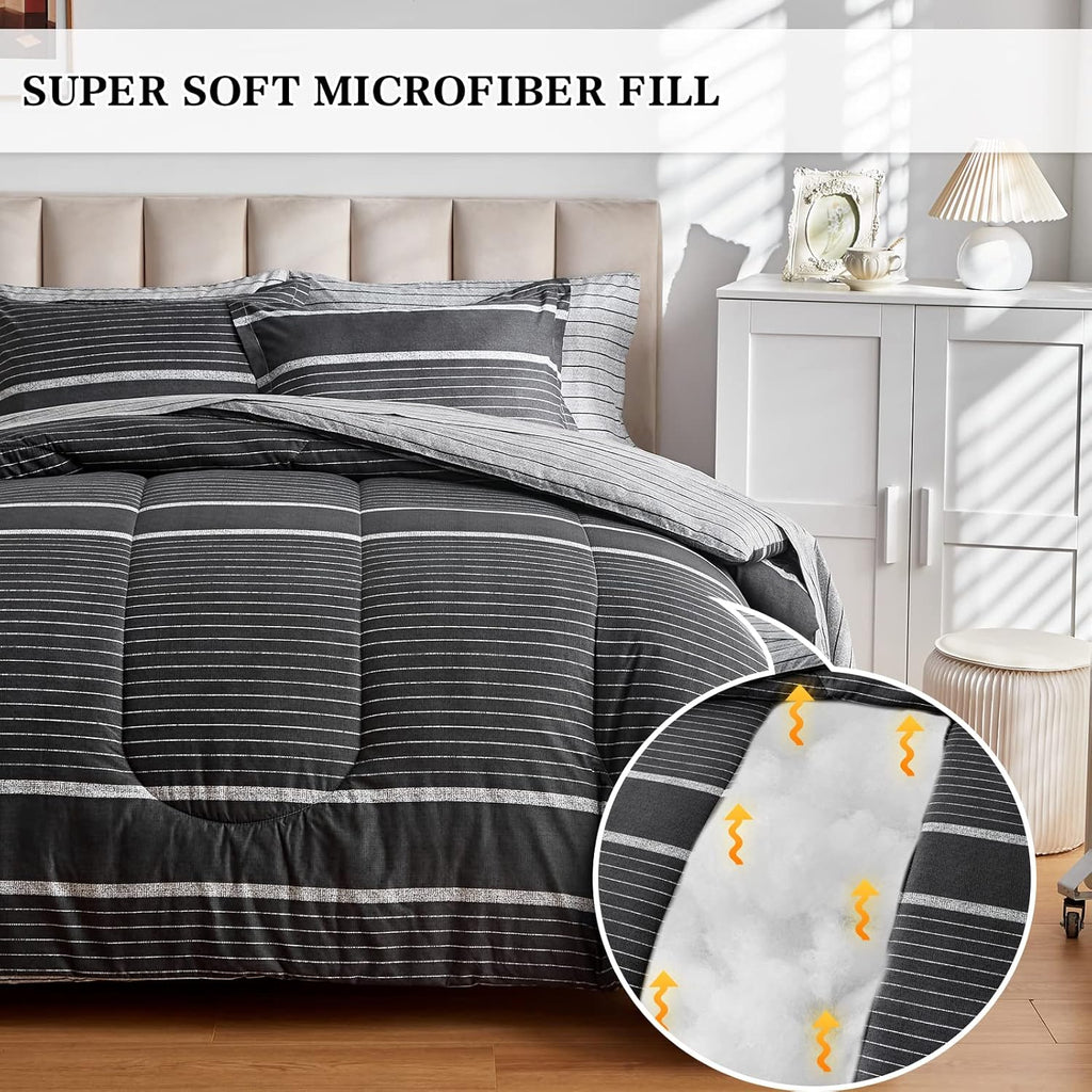 Flysheep Ombre Boho Striped Bed in a Bag 7 Pieces Queen Size, White Striped on Black Dark Gray Comforter Sheet Set (1 Comforter, 1 Flat Sheet, 1 Fitted Sheet, 2 Pillow Shams, 2 Pillowcases)