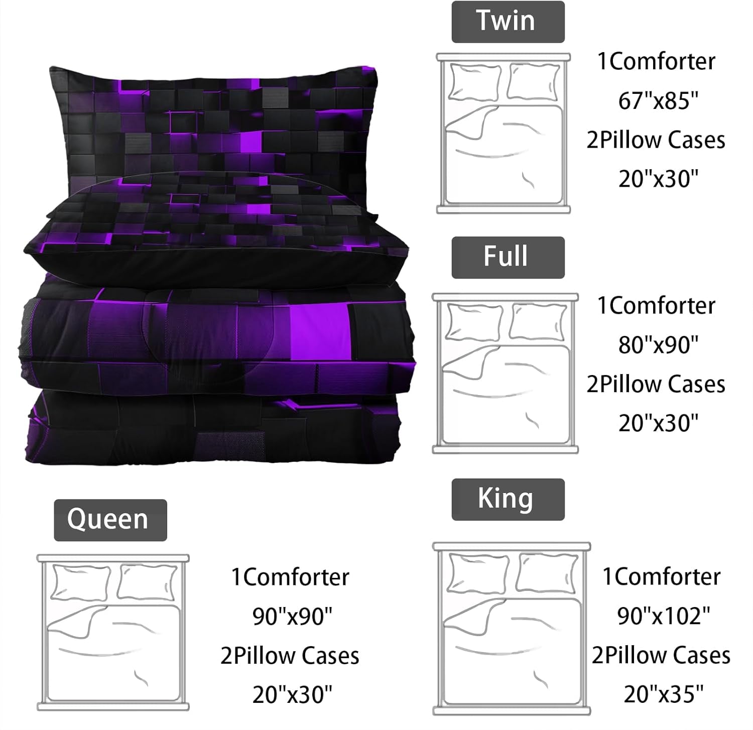 Nttopship Neon Purple Black Comforter Set Queen Geometric Kids Bedding Set,3 PCS Geometry Honeycomb Bed Set Modern Quilt Set 1 Comforter 2 Pillow Cases Cool Room Decor All Season B-Side Black