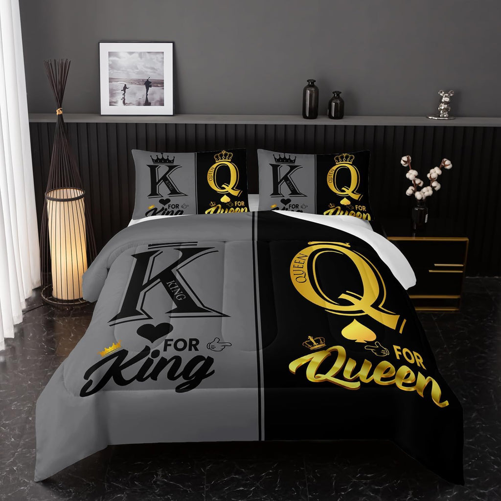 Nttopship King and Queen Crown Comforter Set Black and Gray Couple Bedding Set，3Pcs Mr Mrs Comforter Set for Adults Couple Men Women,His and Hers Quilt Set 2 Pillowcases Bedroom Decor King