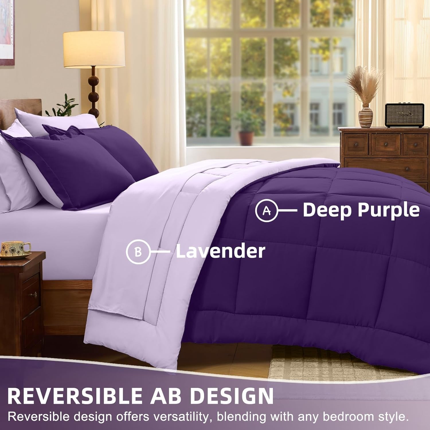 FUANNA Queen Size Comforter Set 7 PCS, Reversible Bed in a Bag Queen with All Season Soft Comforter, Bedding Set Includes Comforter, Flat Sheet, Fitted Sheet, Pillowcases & Shams, Deep Purple/Lavender