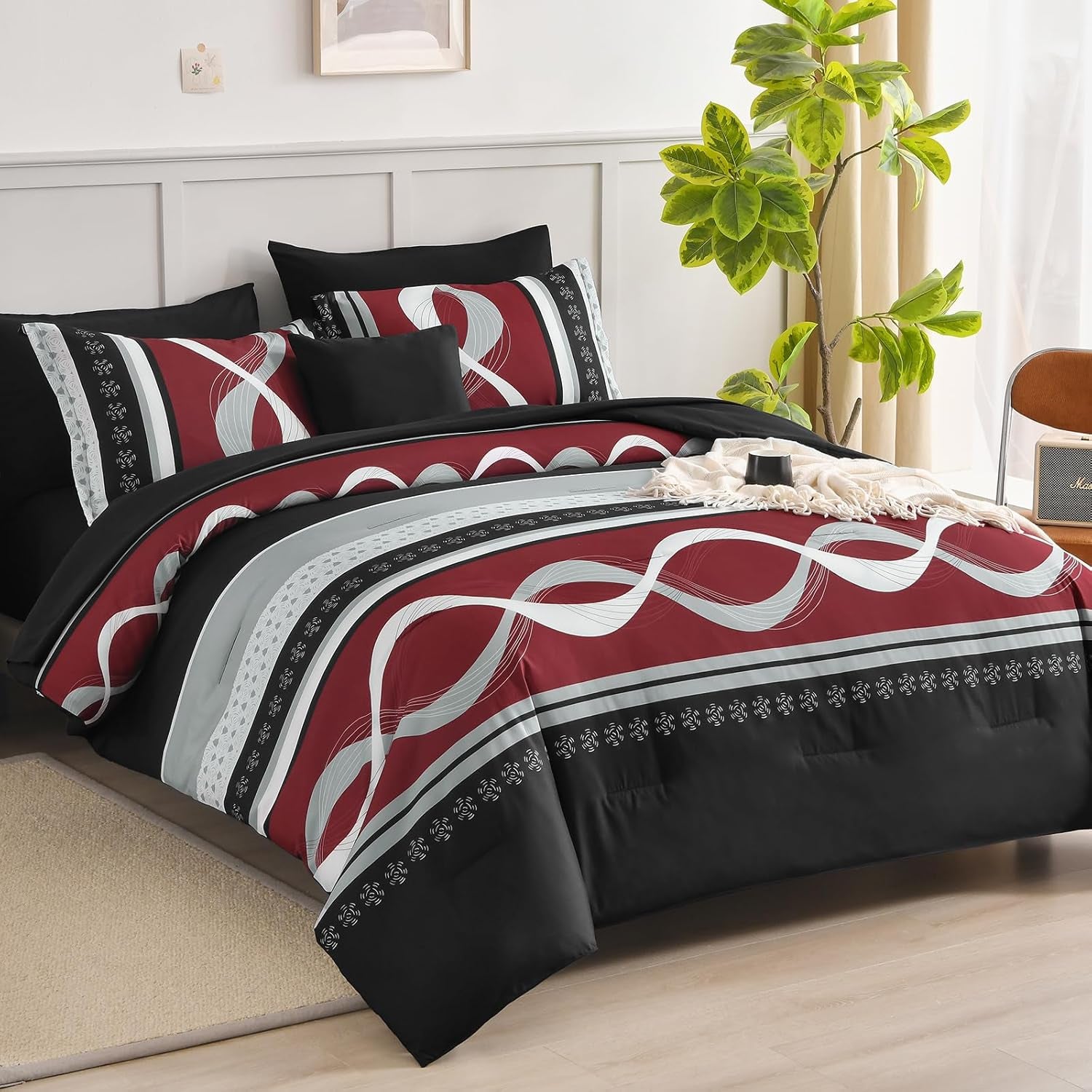 Anibedding Burgundy Comforter Set King Size,8 Pieces Bed in a Bag Patchwork Striped Bedding Sets,Boho Soft Microfiber Bedding Set for All Season(104"×90")