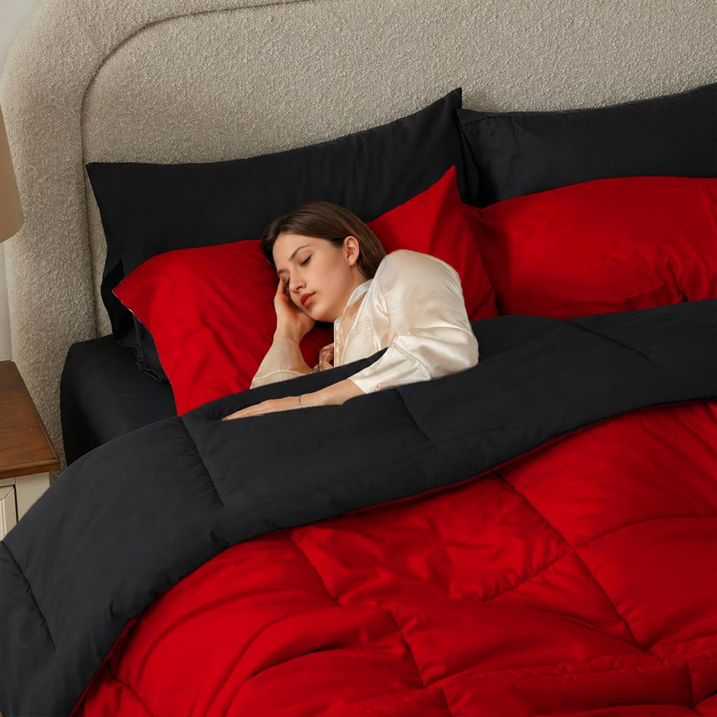 Anluoer King Size Comforter Set 7 Pieces, Reversible Bed in a Bag King Size,Lightweight Bedding Set with Comforter(102"X90"), 2 Pillow Shams, 2 Pillowcases, 1 Flat Sheet, 1 Fitted Sheet,Red & Black