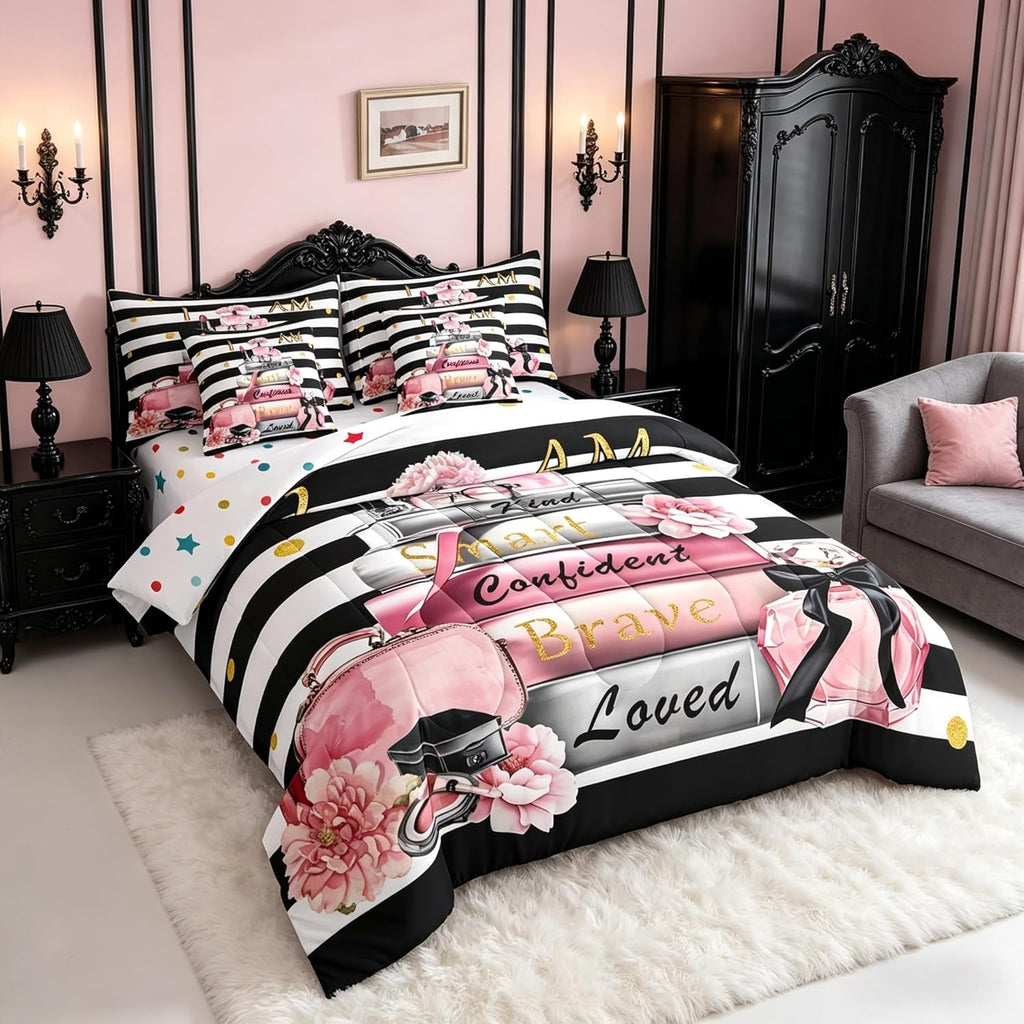 Erosebridal Pink Fashion Comforter Set with Sheets Queen for Girls Girly Modern Inspirational Quotes Women Abstract Black White Stripes Bed in a Bag Books Floral Perfume Makeup 7 Piece Bedding Set