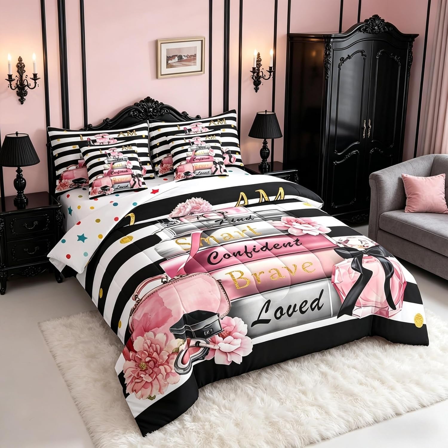Erosebridal Pink Fashion Comforter Set with Sheets Queen for Girls Girly Modern Inspirational Quotes Women Abstract Black White Stripes Bed in a Bag Books Floral Perfume Makeup 7 Piece Bedding Set