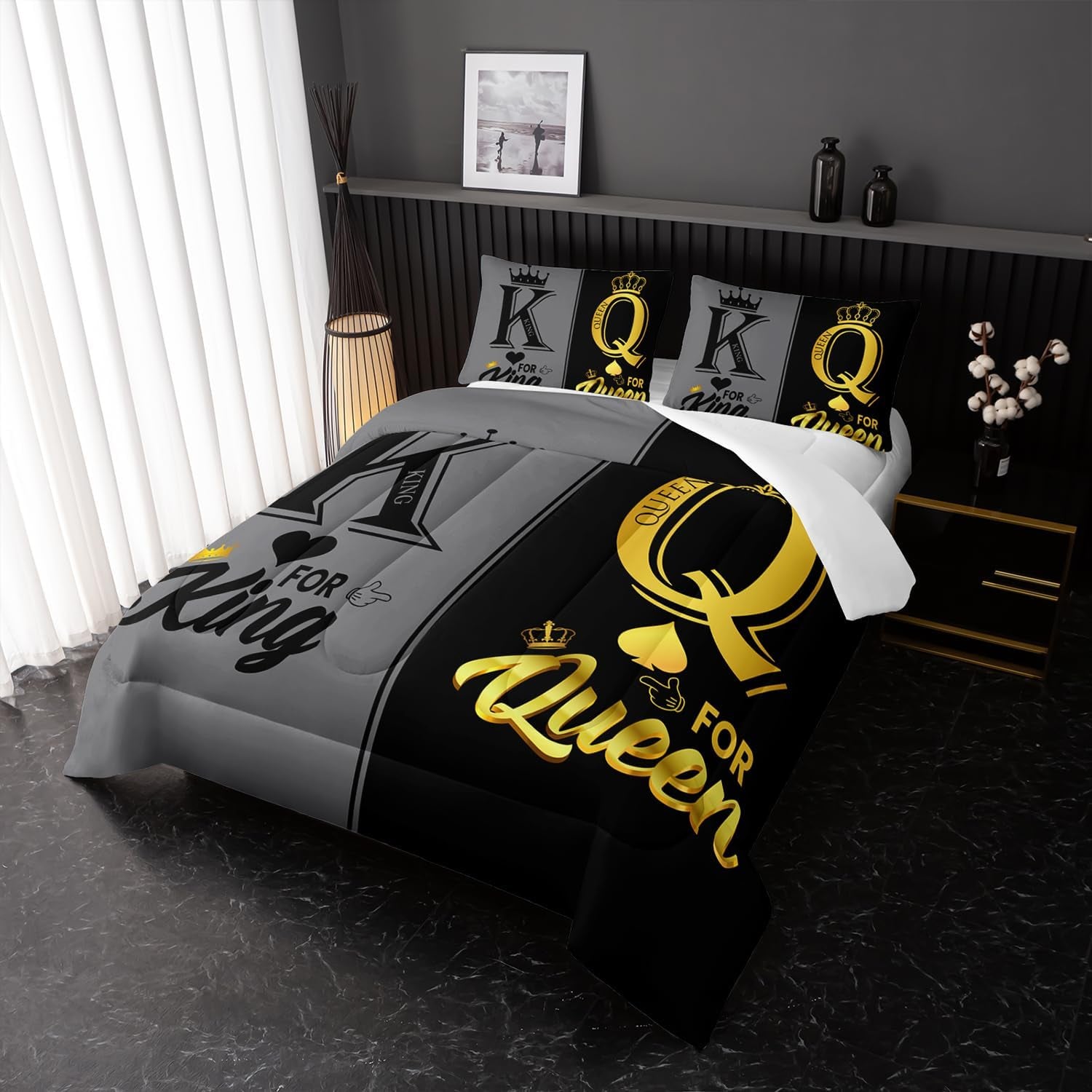Nttopship King and Queen Crown Comforter Set Black and Gray Couple Bedding Set，3Pcs Mr Mrs Comforter Set for Adults Couple Men Women,His and Hers Quilt Set 2 Pillowcases Bedroom Decor King