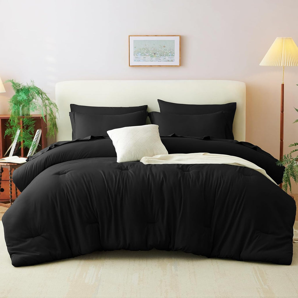 Cozylux Queen Comforter Set Black, 7 Pieces Bed in a Bag Soft Bedding Comforter Set with Sheets, All Season Boho 7PC Bed Sets with Comforter, Fitted Sheets, Flat Sheets, Pillow Shams and Pillowcases