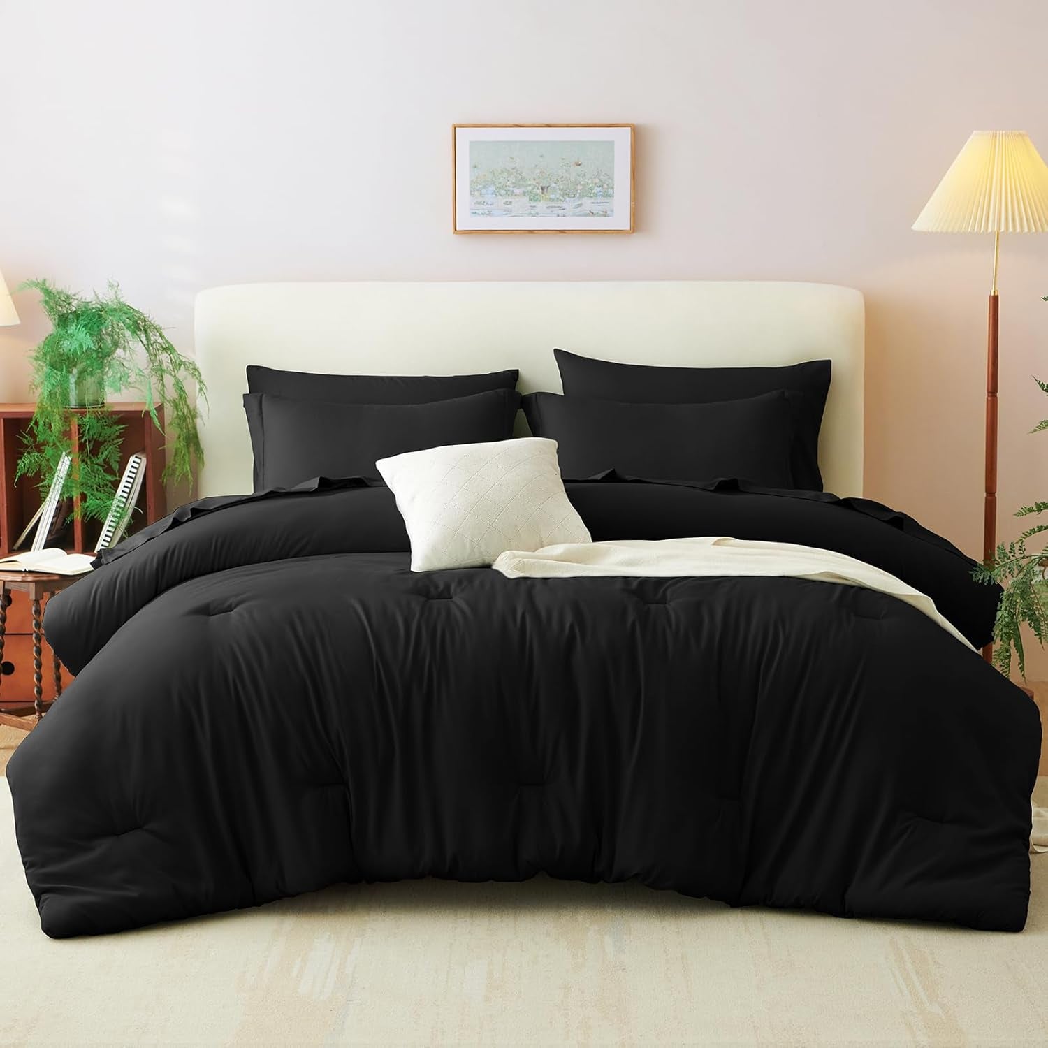 Cozylux Queen Comforter Set Black, 7 Pieces Bed in a Bag Soft Bedding Comforter Set with Sheets, All Season Boho 7PC Bed Sets with Comforter, Fitted Sheets, Flat Sheets, Pillow Shams and Pillowcases