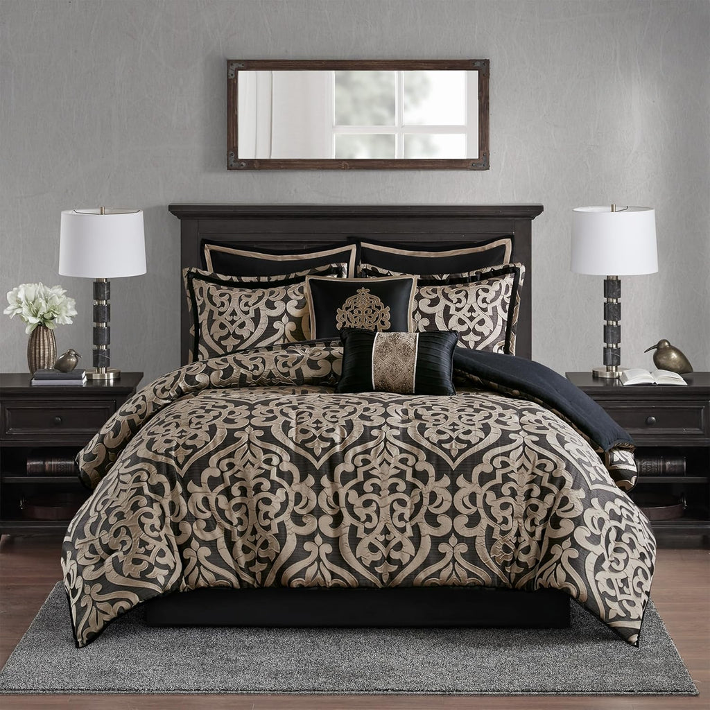 Madison Park Queen Comforter Set Damask Medallion Jacquard Comforters Queen Size Bed, Overfilled All Season Queen Bed Set, Bed Skirt, Shams, Decor Pillows, Odette, Queen(90 in X 90 In), Black 8 Piece