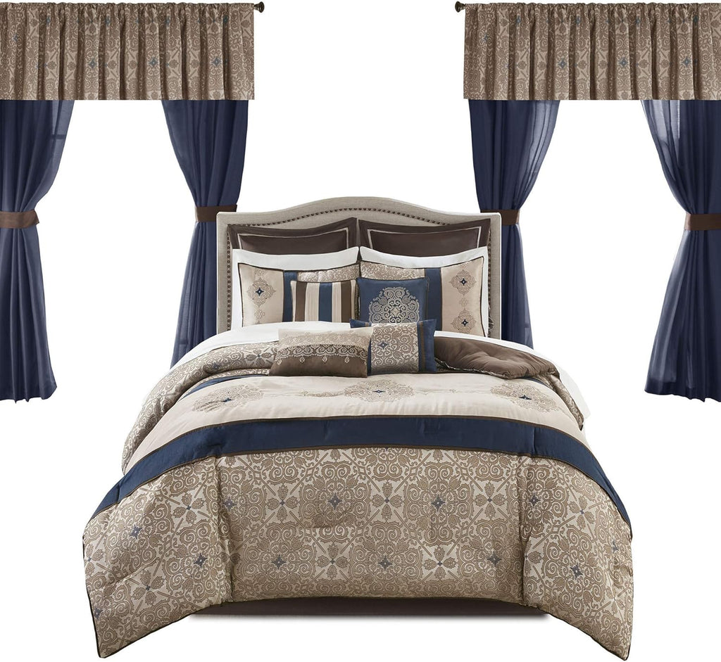 Madison Park Essentials Delaney 24-Piece Room in a Bag Comforter Set-Satin Jacquard All Season Luxury Bedding, Sheets, Decorative Pillows and Curtains, Valance, Queen (90 in X 90 In), Medallion Navy