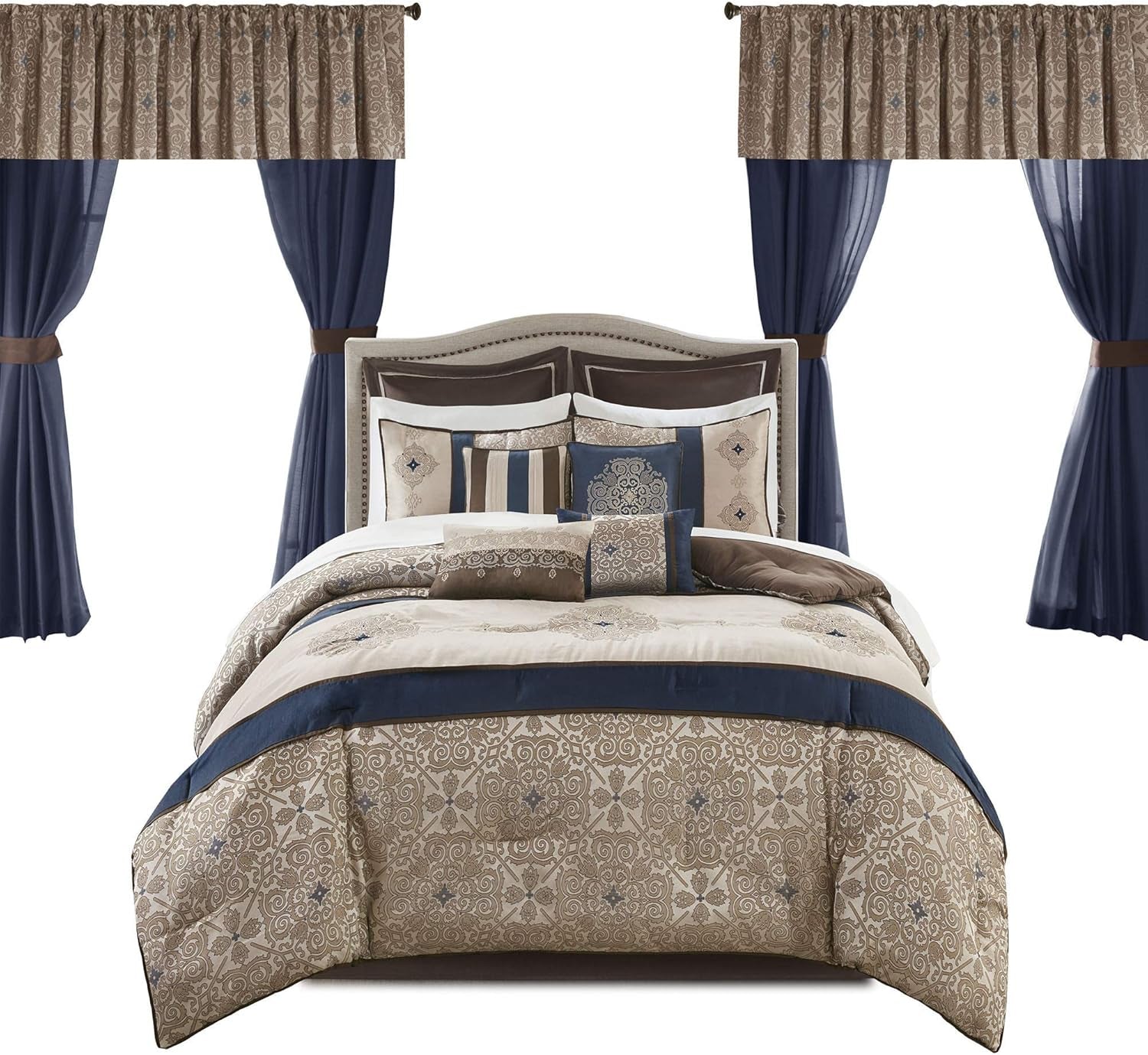 Madison Park Essentials Delaney 24-Piece Room in a Bag Comforter Set-Satin Jacquard All Season Luxury Bedding, Sheets, Decorative Pillows and Curtains, Valance, Queen (90 in X 90 In), Medallion Navy