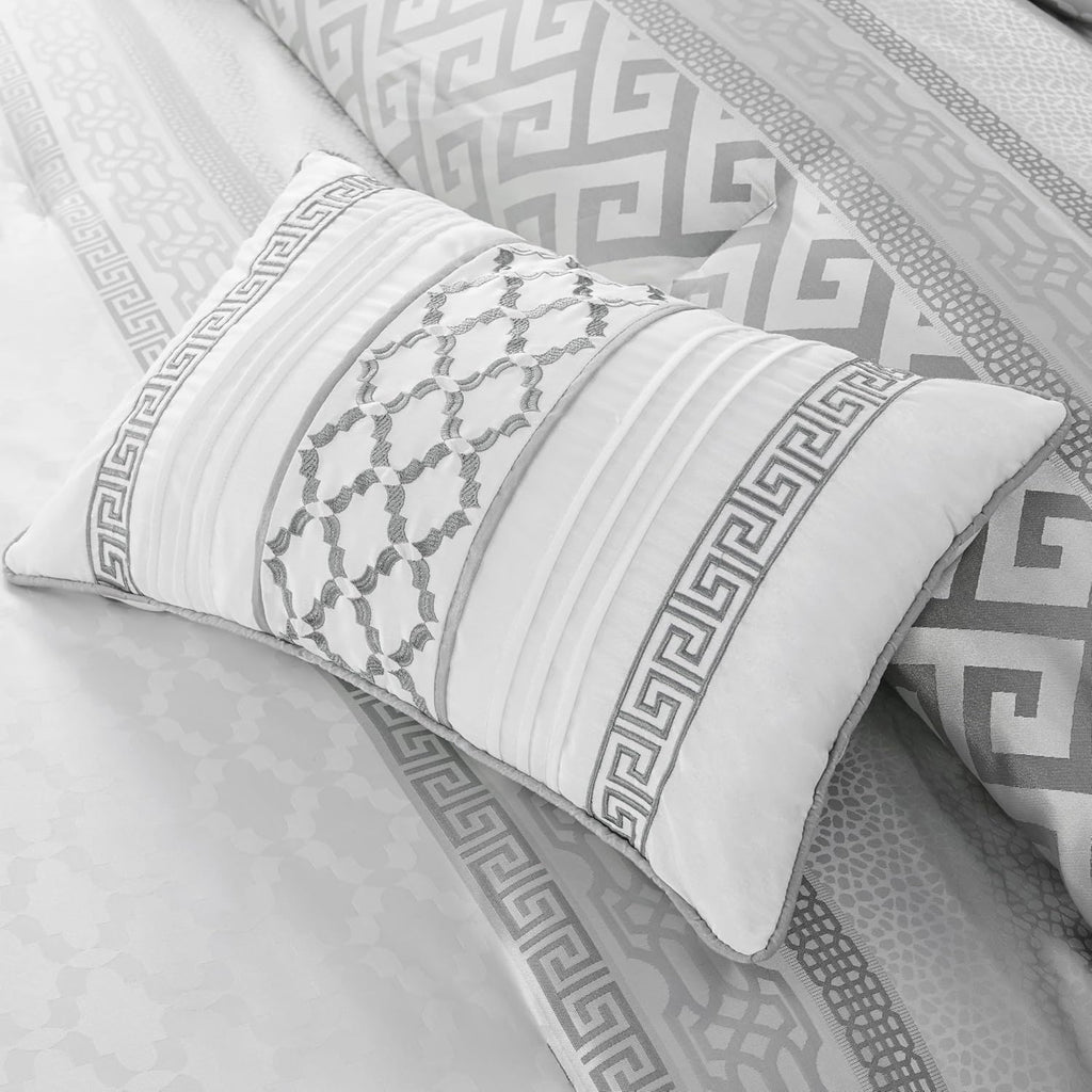 Madison Park Luxury Comforter Set-Traditional Jacquard Design All Season down Alternative Bedding, Matching Bedskirt, Decorative Pillows, Queen(90"X90"), Bennett, Geometric Grey 7 Piece