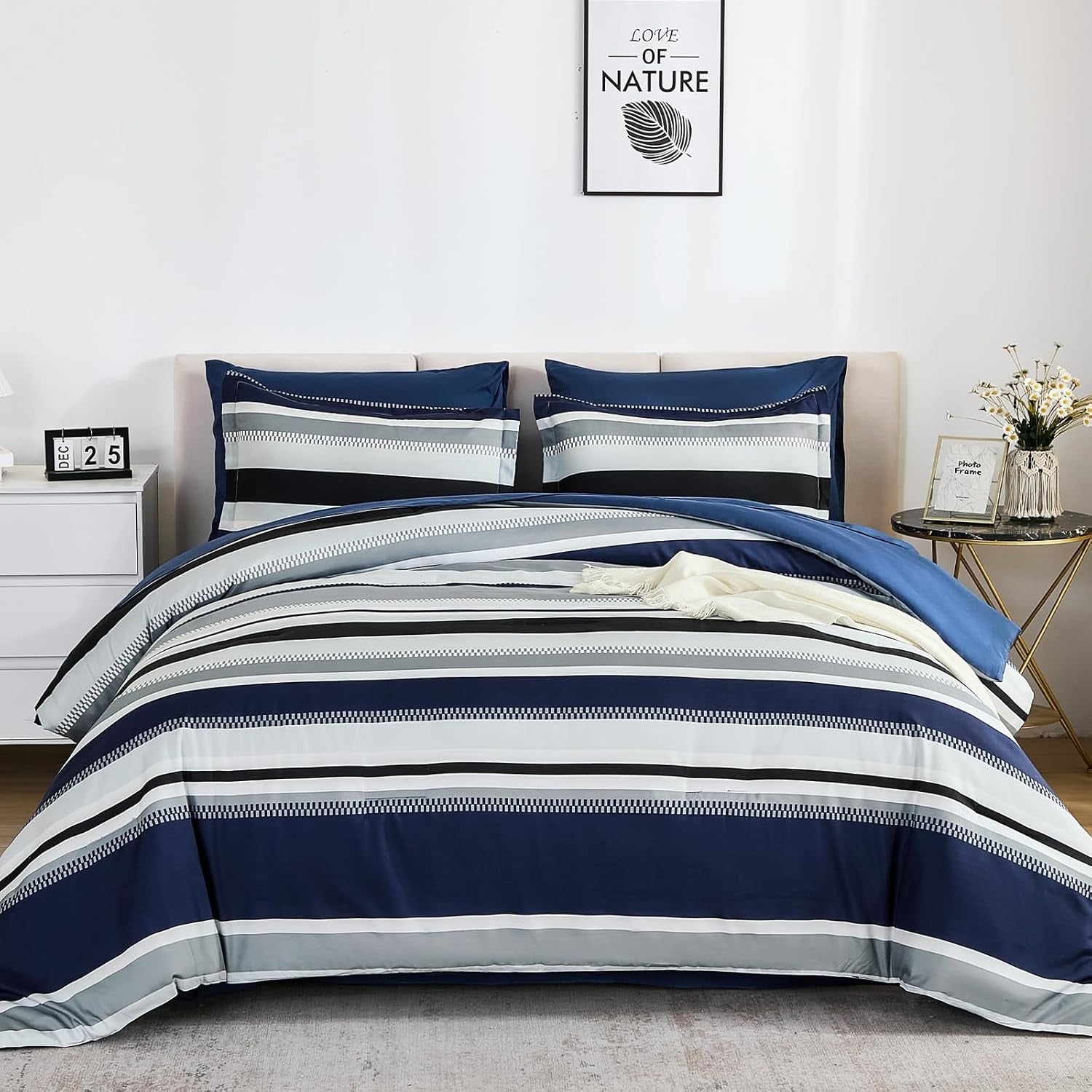 WONGS BEDDING Queen Comforter Set, 7 Pieces Navy Blue Comforter Set Queen Size, Soft Striped Bed in a Bag Bedding Set with Comforter, Flat Sheet, Fitted Sheet, Pillow Shams, Pillowcase