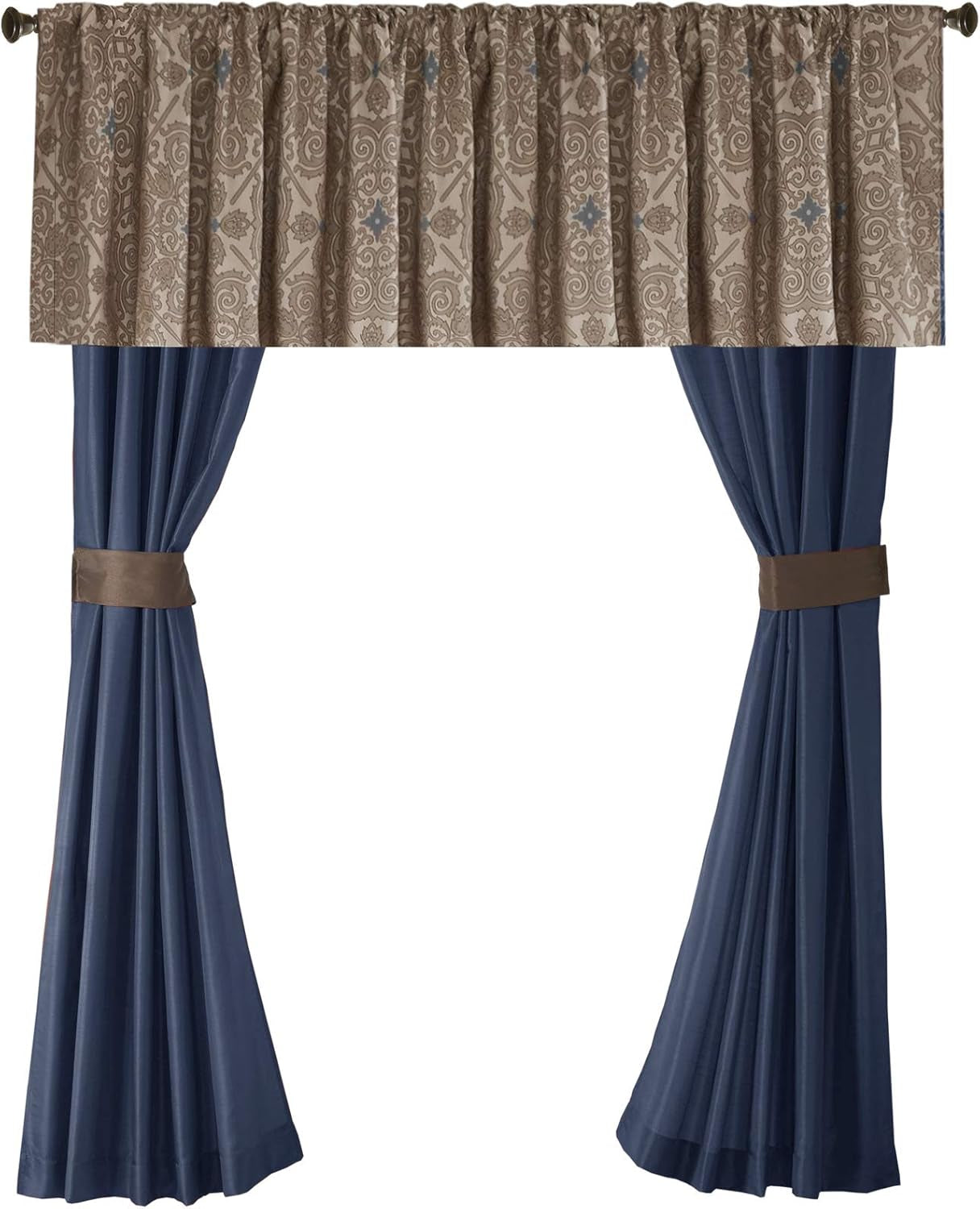 Madison Park Essentials Delaney 24-Piece Room in a Bag Comforter Set-Satin Jacquard All Season Luxury Bedding, Sheets, Decorative Pillows and Curtains, Valance, Queen (90 in X 90 In), Medallion Navy