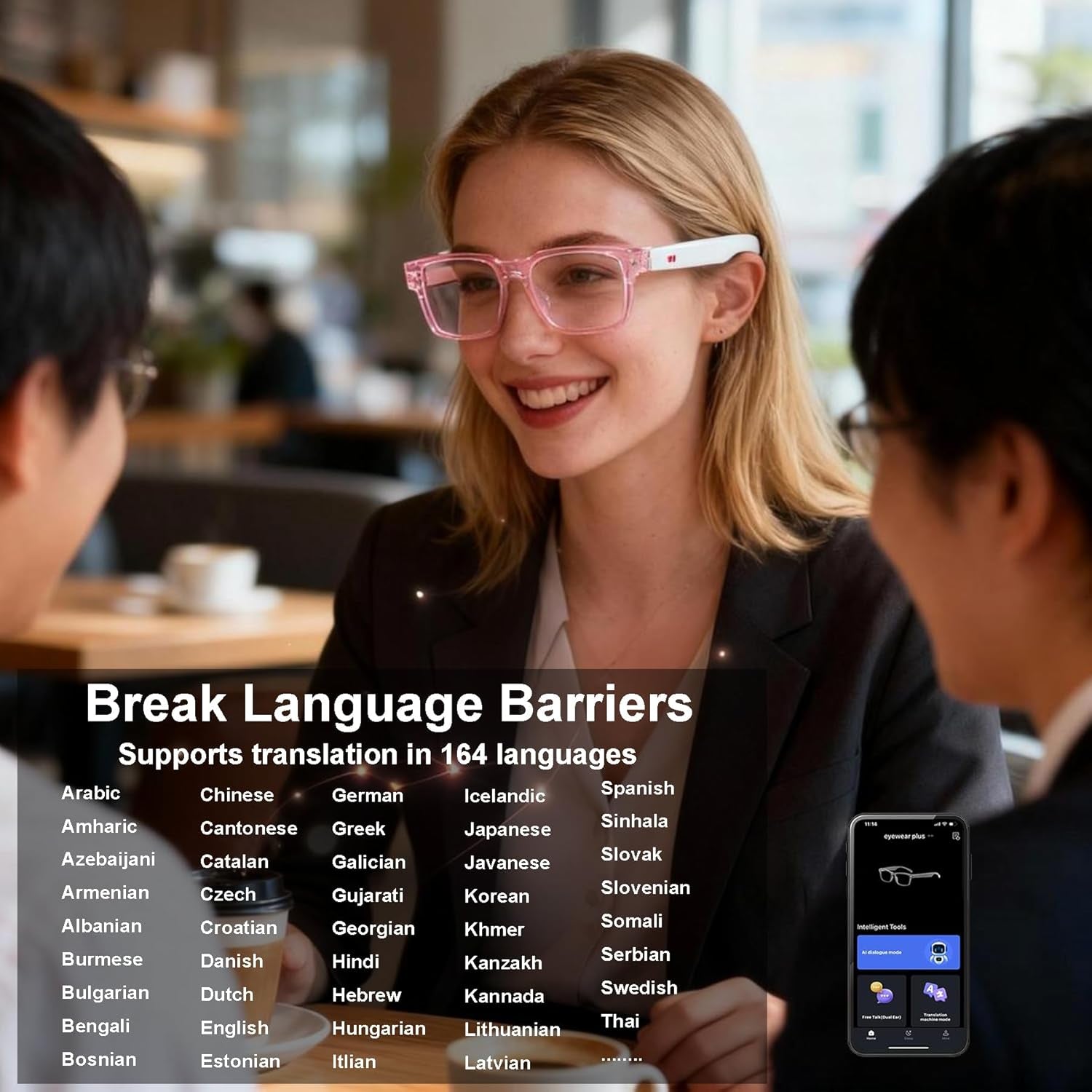 AI Smart Glasses, anti Blue Light Bluetooth Translation Glasses with 164 Hands-Free Calls & Audio Multifunctional Smart Sunglasses for Men Women Travel Trade Business (Kl01-White-Color-Change-Lens)