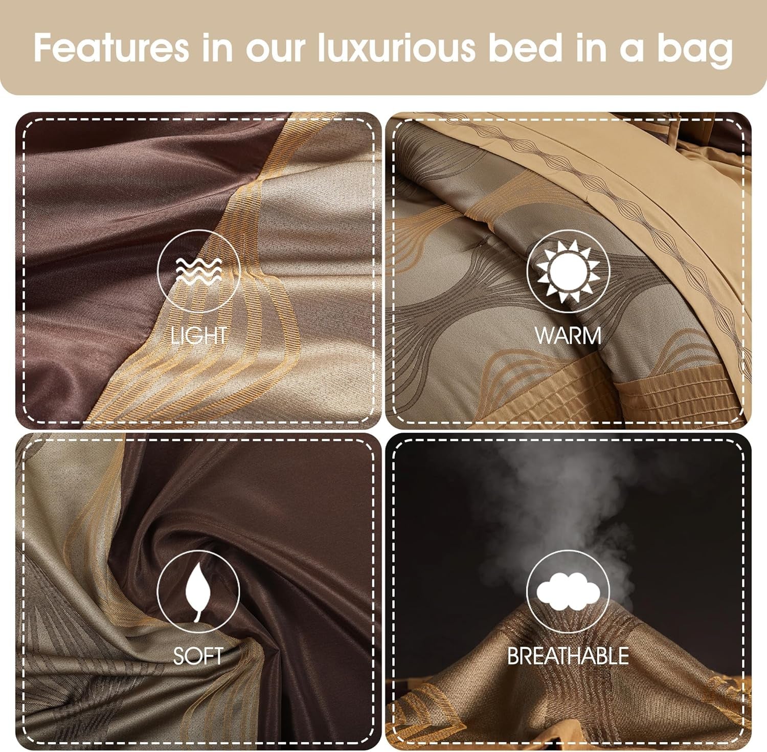 Grand Avenue Elegant Jacquard Brown Comforter Set, Size Queen, 7 Piece Bed in a Bag, Striped Bedding Set All Season, Matching Decorative Pillows, Pillow Shams & Bed Skirt