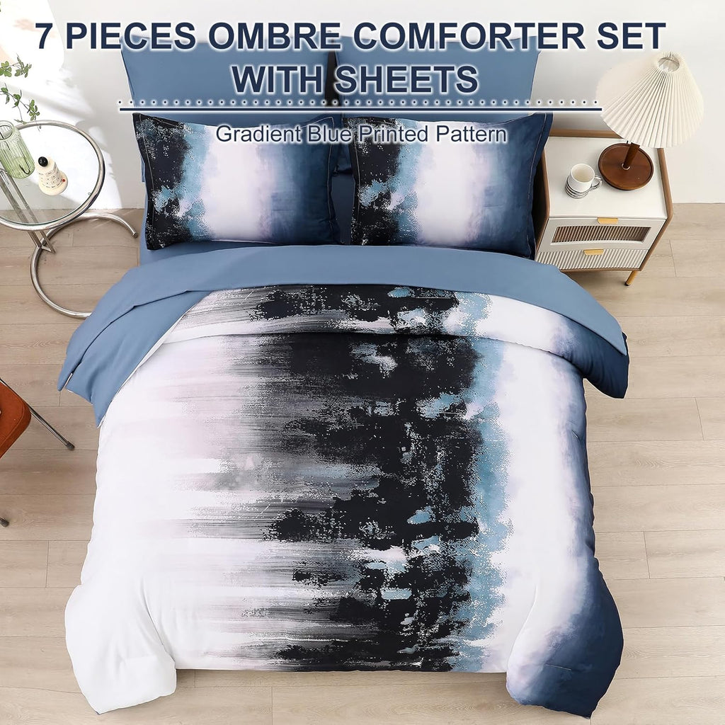 Dinjoy Ombre Blue Comforter Set King Size Gradient Navy Blue Black Boho Bedding Set for Teen Men Women 7 Pieces Bed in a Bag Bohemian Bed Set with Comforter, Sheets, Pillowcases & Shams