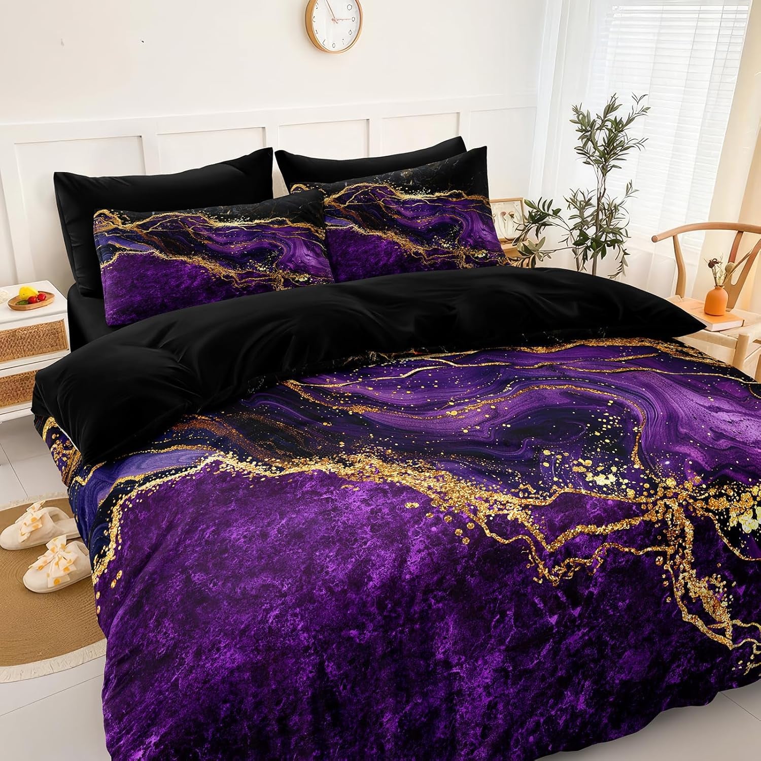 Black Gold Comforter Set Purple Marble Bedding Set King Size Black Marble Stone Abstract Artwork Bedroom Decor Black Marble Comforter Sets for All Season