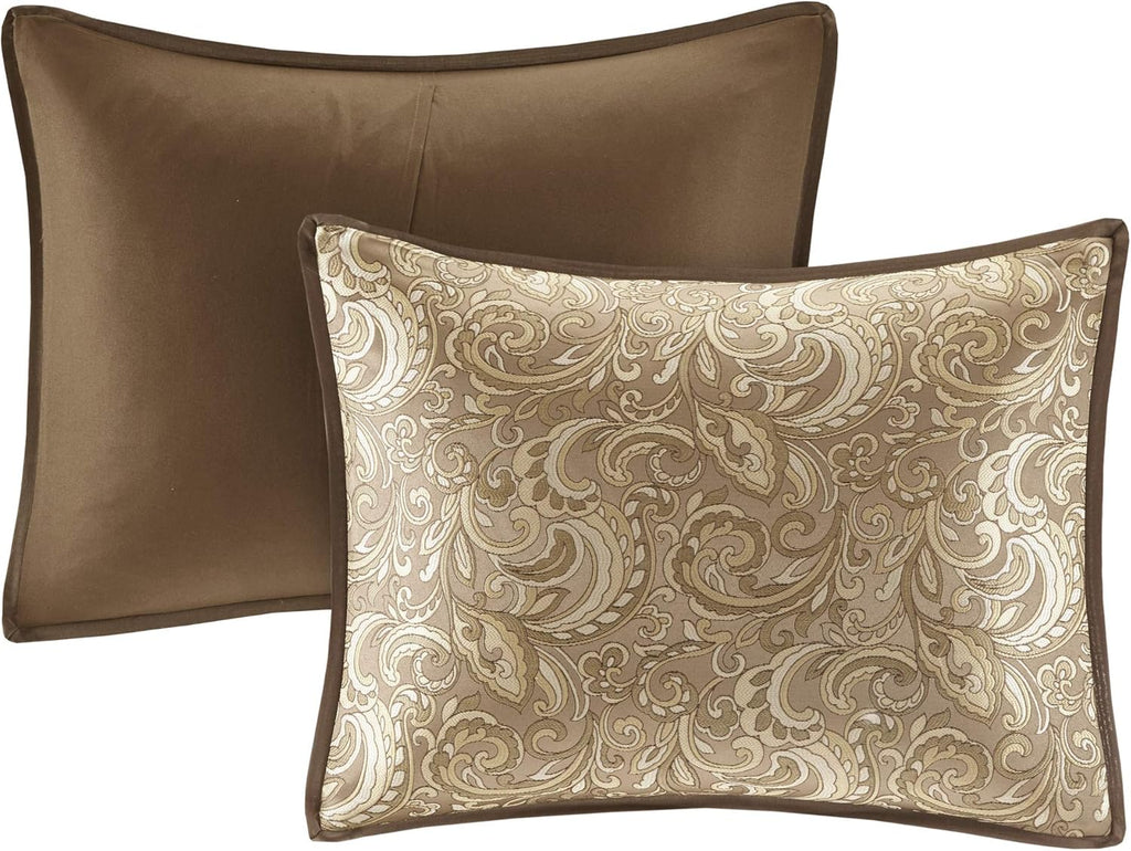 Madison Park Essentials Brystol 24 Piece Room in a Bag Faux Silk Comforter Jacquard Paisley Design Matching Curtains down Alternative Hypoallergenic All Season Bedding-Set, Queen(90"X90"), Brown