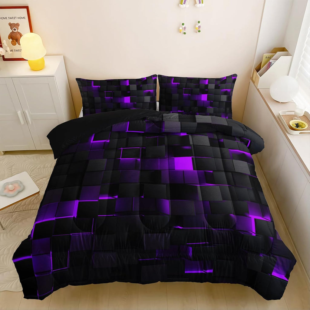 Nttopship Neon Purple Black Comforter Set Queen Geometric Kids Bedding Set,3 PCS Geometry Honeycomb Bed Set Modern Quilt Set 1 Comforter 2 Pillow Cases Cool Room Decor All Season B-Side Black