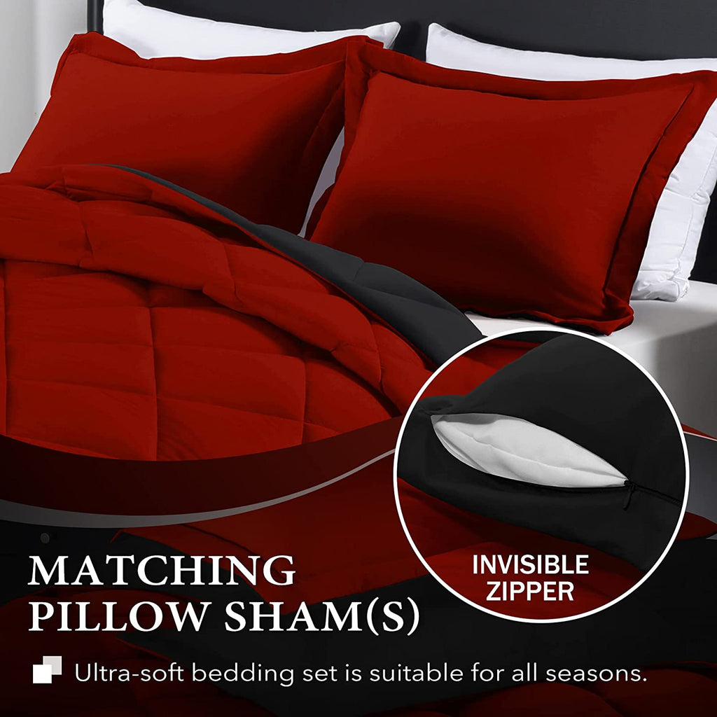 Downluxe King Size Comforter Set - Red and Black King Comforter, Soft Bedding Sets for All Seasons - 3 Pieces - 1 Comforter (104"X92") and 2 Pillow Shams(20"X36")