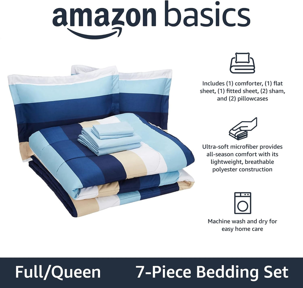 Amazon Basics Full/Queen Comforter Set with Sheets, 7-Piece Blue Stripe Bedding, Lightweight Microfiber Bed-In-A-Bag, Striped