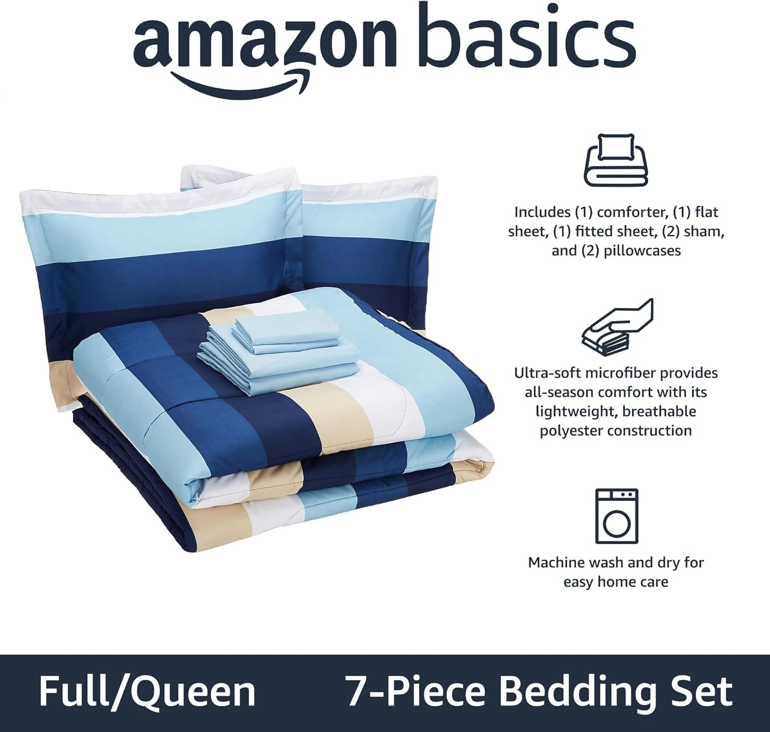 Amazon Basics Full/Queen Comforter Set with Sheets, 7-Piece Blue Stripe Bedding, Lightweight Microfiber Bed-In-A-Bag, Striped