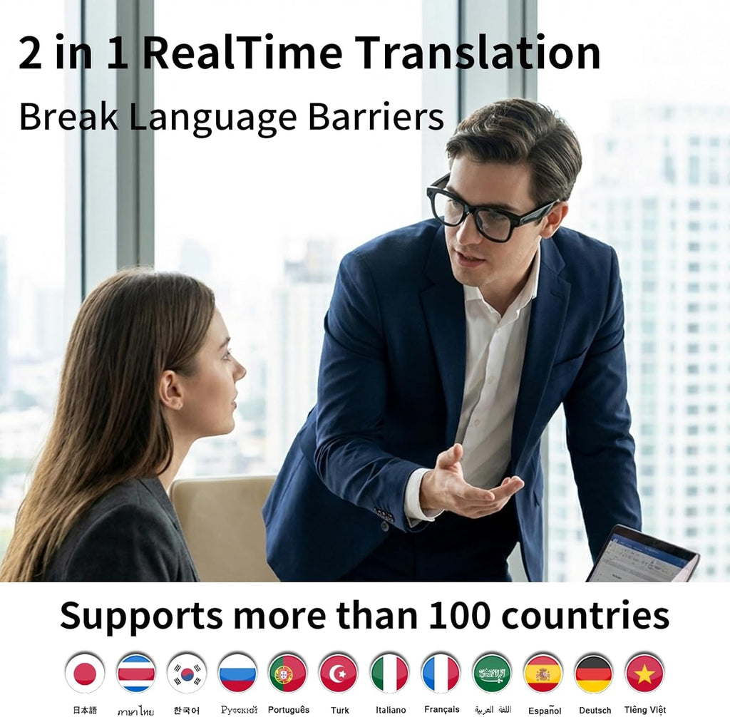 AI Smart Glasses with Camera Stabilization - 8MP POV Video Recording, Real-Time AI Translation, Smart Assistant, Dual-Mic Noise Canceling for Travel & Meetings - Anti-Blue Light, Red Frame