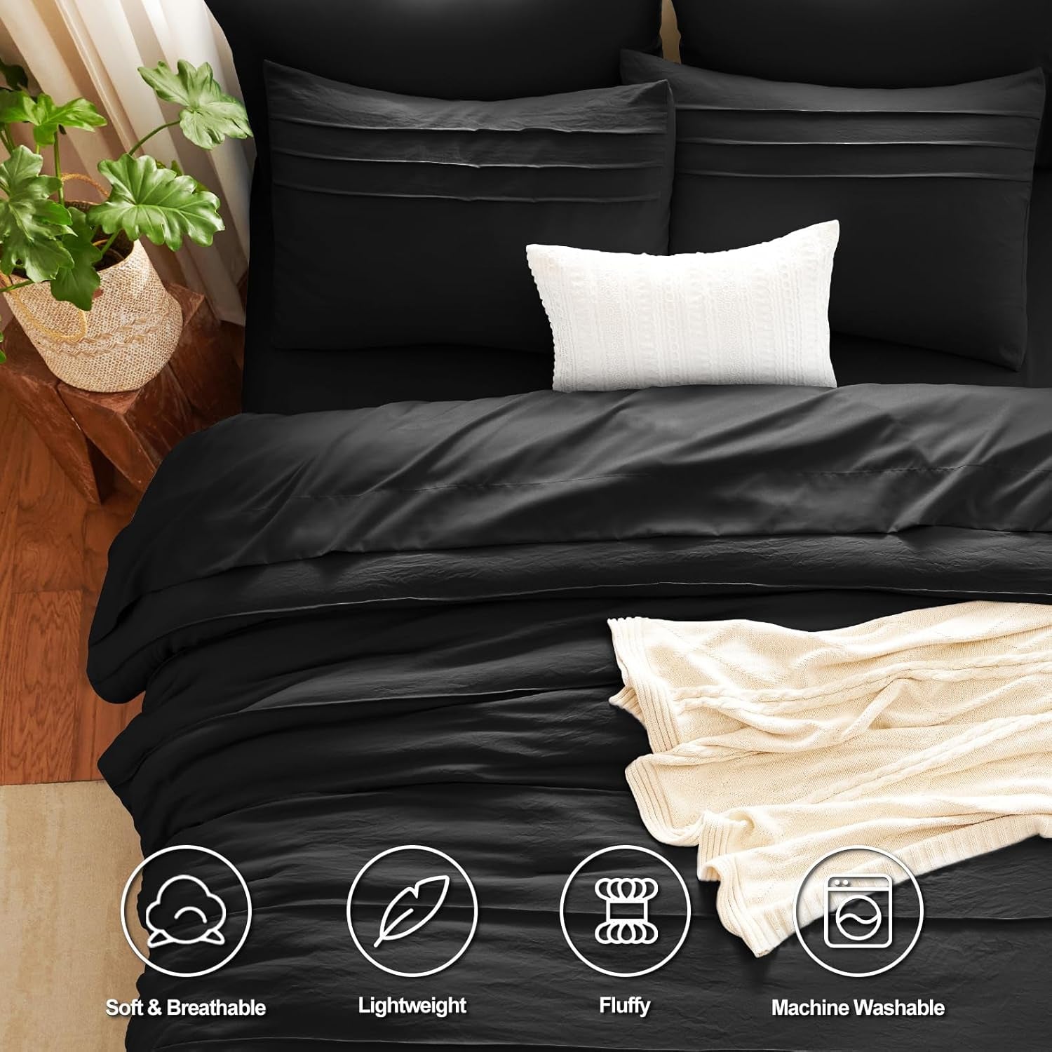 Cozylux Queen Comforter Set Black, 7 Pieces Soft Pinch Pleat Bed in a Bag Queen Comforter Set with Sheets, Boho Bed Set with down Alternative Comforter, Sheets, Pillowcases & Shams