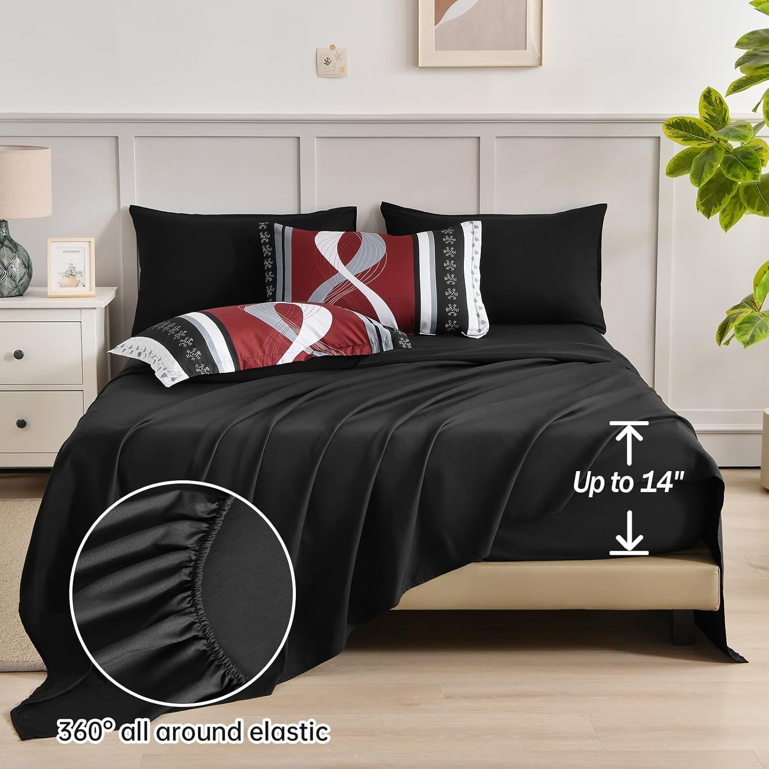 Anibedding Burgundy Comforter Set King Size,8 Pieces Bed in a Bag Patchwork Striped Bedding Sets,Boho Soft Microfiber Bedding Set for All Season(104"×90")