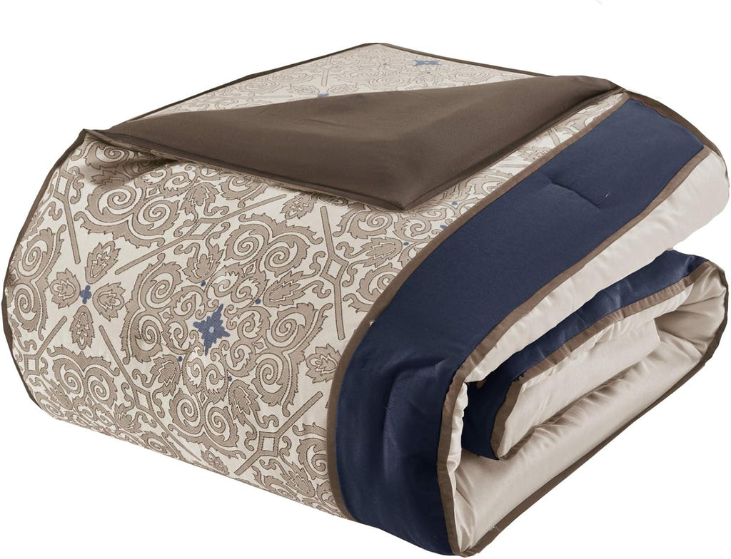 Madison Park Essentials Delaney 24-Piece Room in a Bag Comforter Set-Satin Jacquard All Season Luxury Bedding, Sheets, Decorative Pillows and Curtains, Valance, Queen (90 in X 90 In), Medallion Navy