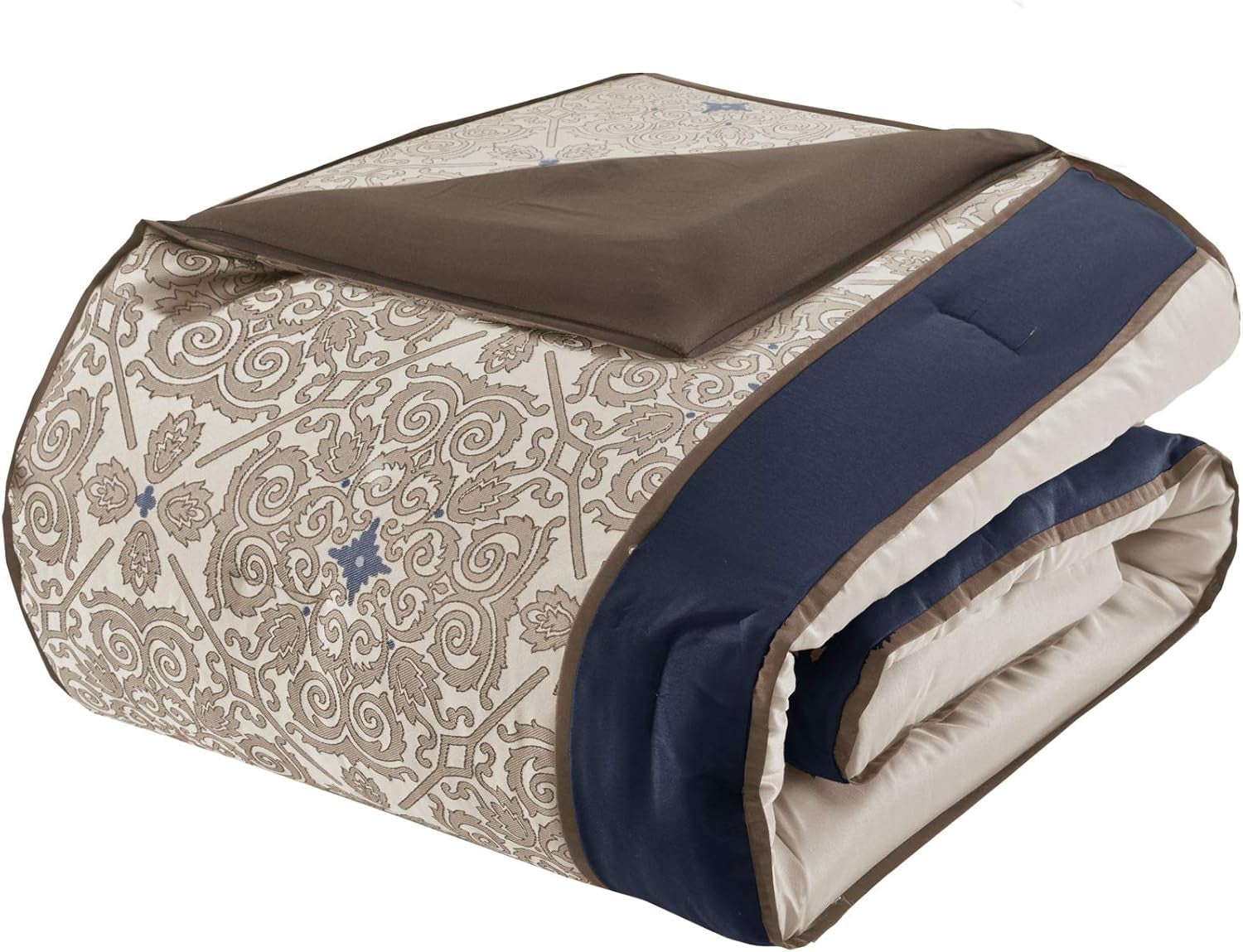 Madison Park Essentials Delaney 24-Piece Room in a Bag Comforter Set-Satin Jacquard All Season Luxury Bedding, Sheets, Decorative Pillows and Curtains, Valance, Queen (90 in X 90 In), Medallion Navy