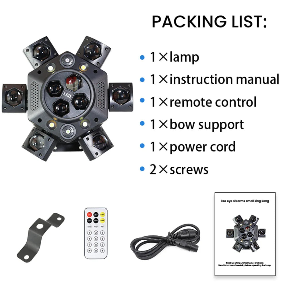 Professional 150W LED Beam Moving Head Light 6-Arm Bee Eye DJ Mobile Disco Lights RGBW Club Party Effect DMX512 Stage Lighting