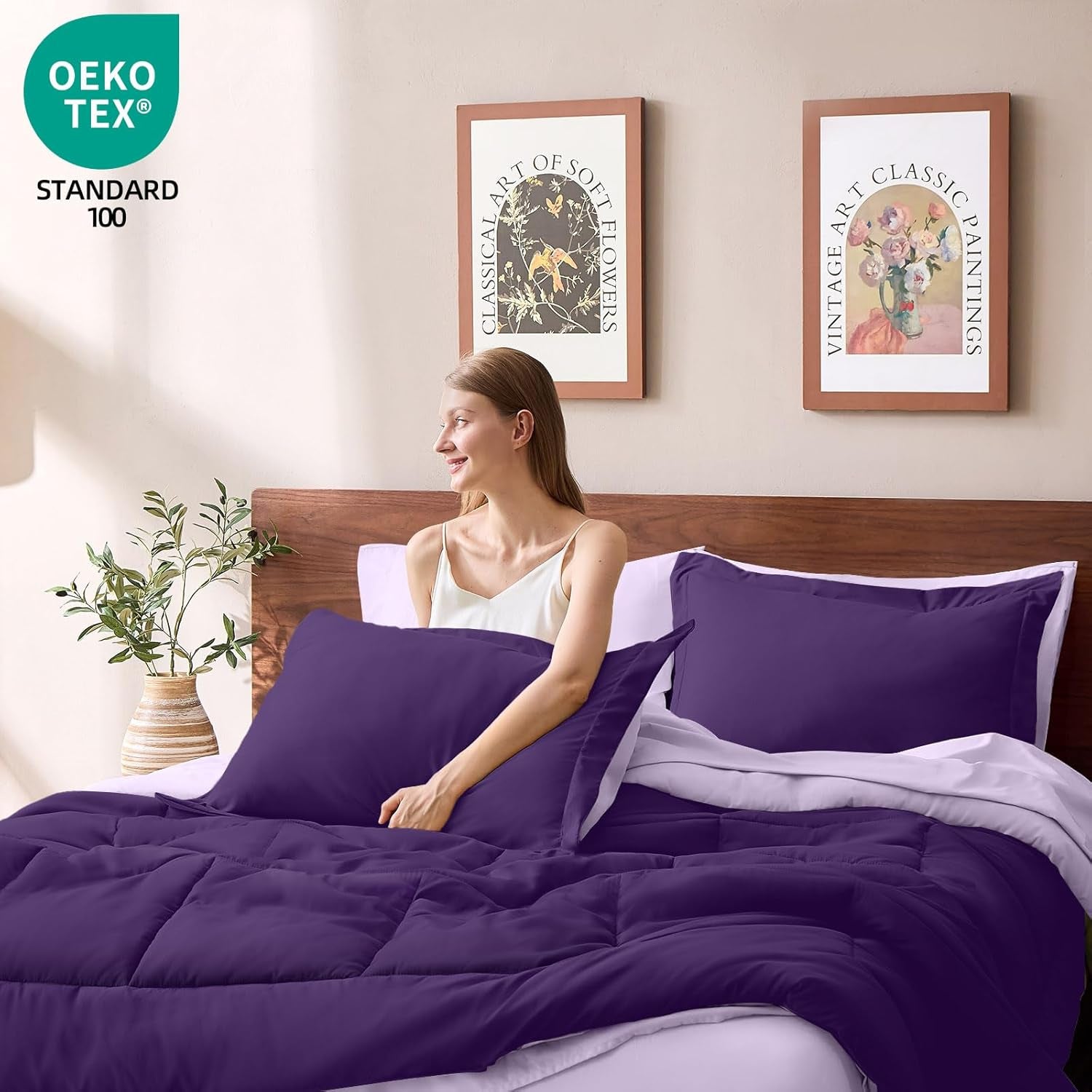 FUANNA Queen Size Comforter Set 7 PCS, Reversible Bed in a Bag Queen with All Season Soft Comforter, Bedding Set Includes Comforter, Flat Sheet, Fitted Sheet, Pillowcases & Shams, Deep Purple/Lavender