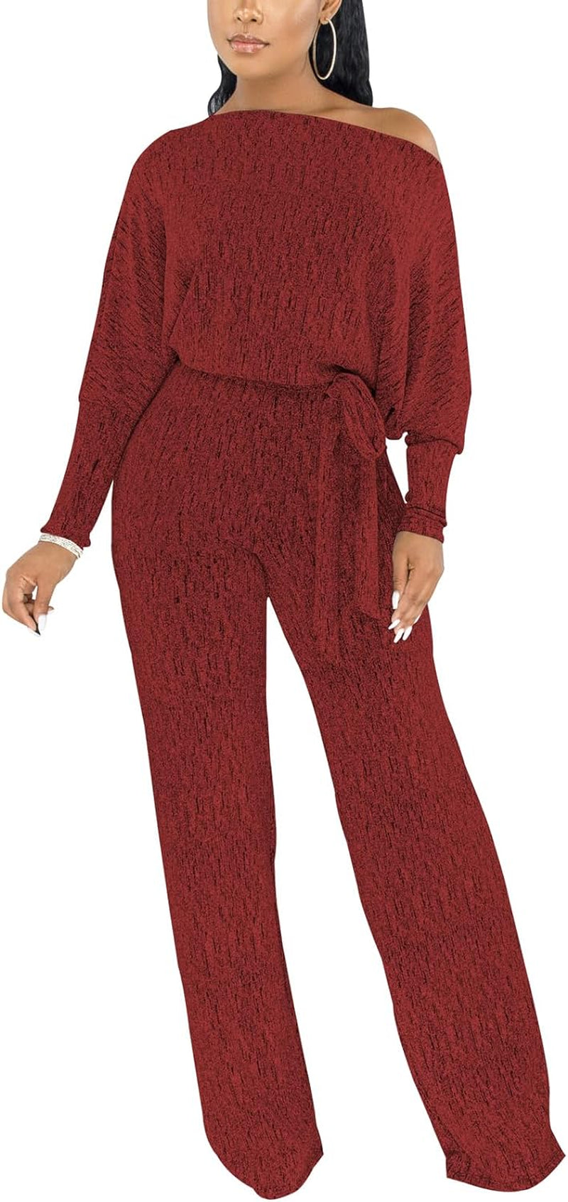 Zonjie Sexy Sparkly Sequin Jumpsuits for Women Elegant plus Size off Shoulder Long Sleeves Wide Leg Pants Clubwear Rompers,Wine Red