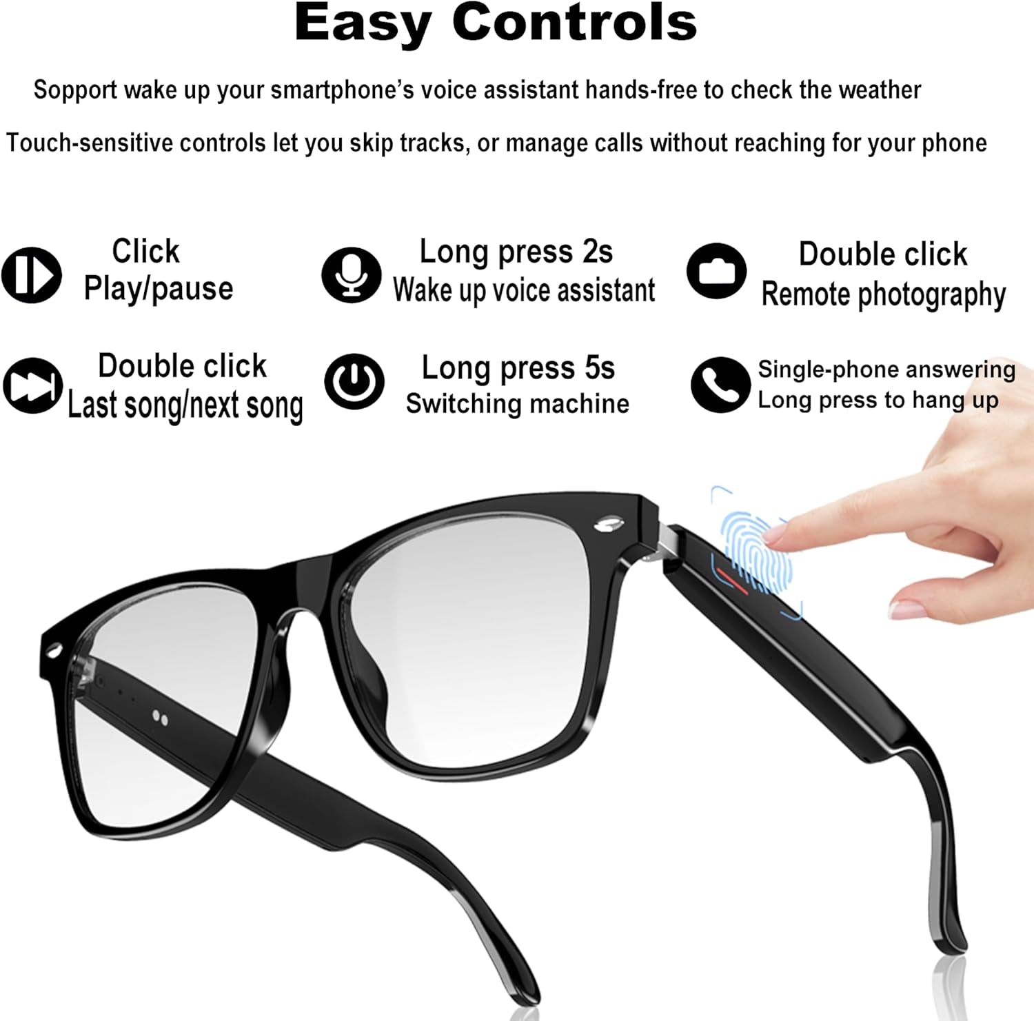 Smart Audio Glasses,Anti-Blue Light Lenses,Open Ear Bluetooth Glasses with Noise Canceling Microphone,Touch Control, IP65 Water Resistant,Lightweight Eyewear for Office & Home