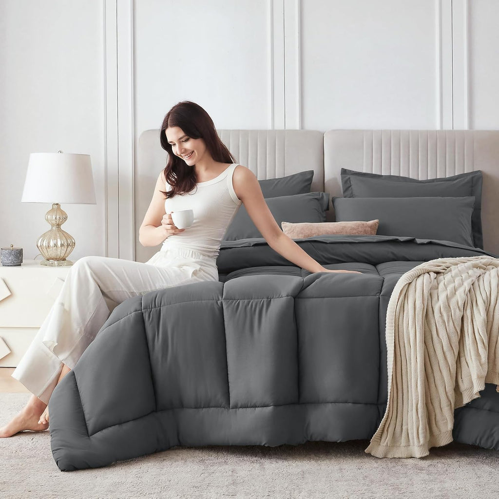 Sasttie Queen Comforter Set, 7 Pieces Bed in a Bag Queen, Complete Bedding Set Includes Grey Comforter, Flat Sheet, Fitted Sheet, Pillowcases and Pillow Shams, Dark Grey